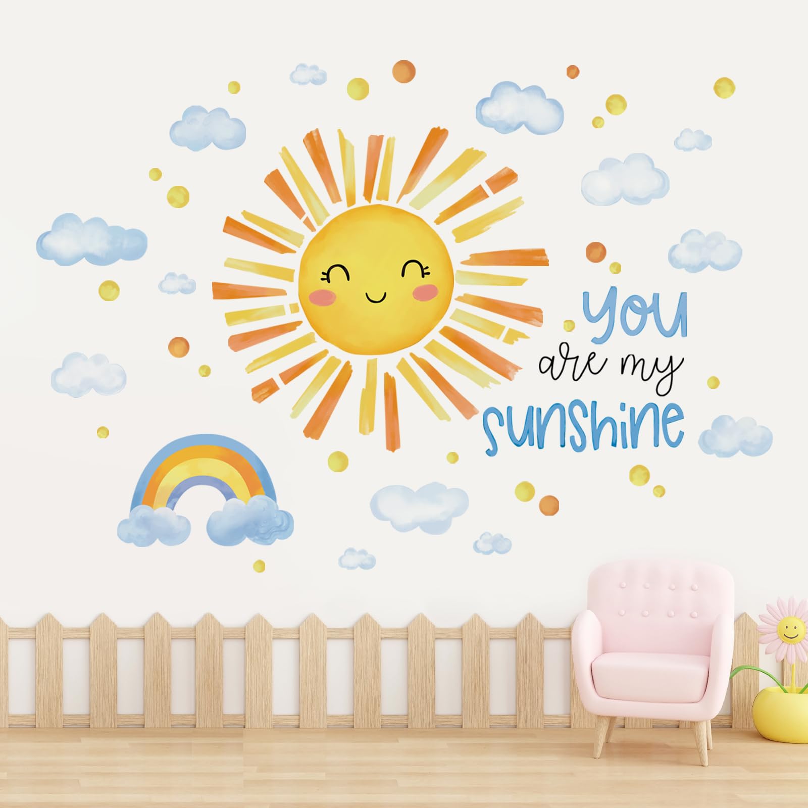 fufuquare You are My Sunshine Wall Decals with Smile Sun Rainbow Cloud, Watercolor Lovely Peel and Stick DIY Wall Stickers for K