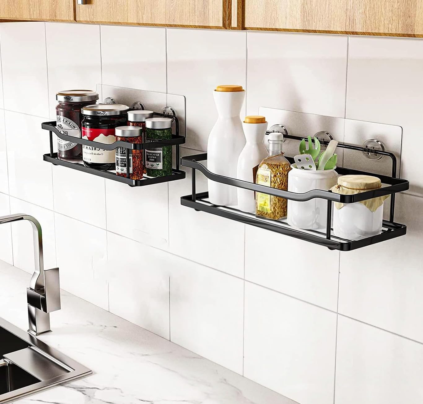 Dxdt Wall Mounted Spice Rack Shelf, Black, No Drilling Adhesive, Kitchen Storage Organiser, Set Of 2