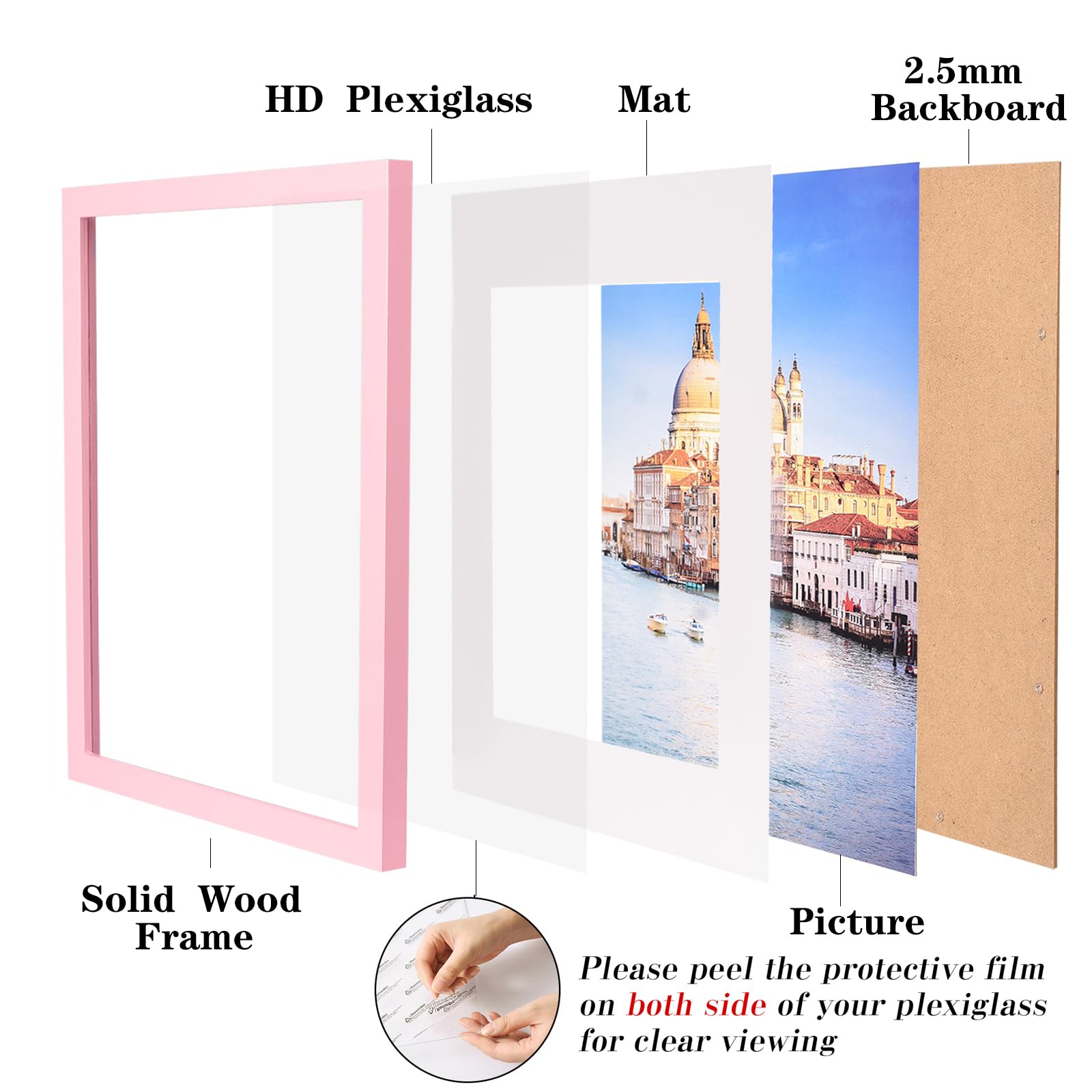 wyooxoo 11x14 Picture Frame Light pink Made of Solid Wood Photo Frames Display Pictures 8x10 with Mat or 11x14 Without Mat Color