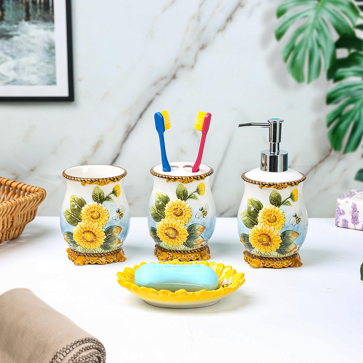 Forlong Ceramic Sunflower Bathroom Accessories Set, 4 Piece Bathroom Ensemble Set With Toothbrush Holder, Toothbrush Cup, Soap D