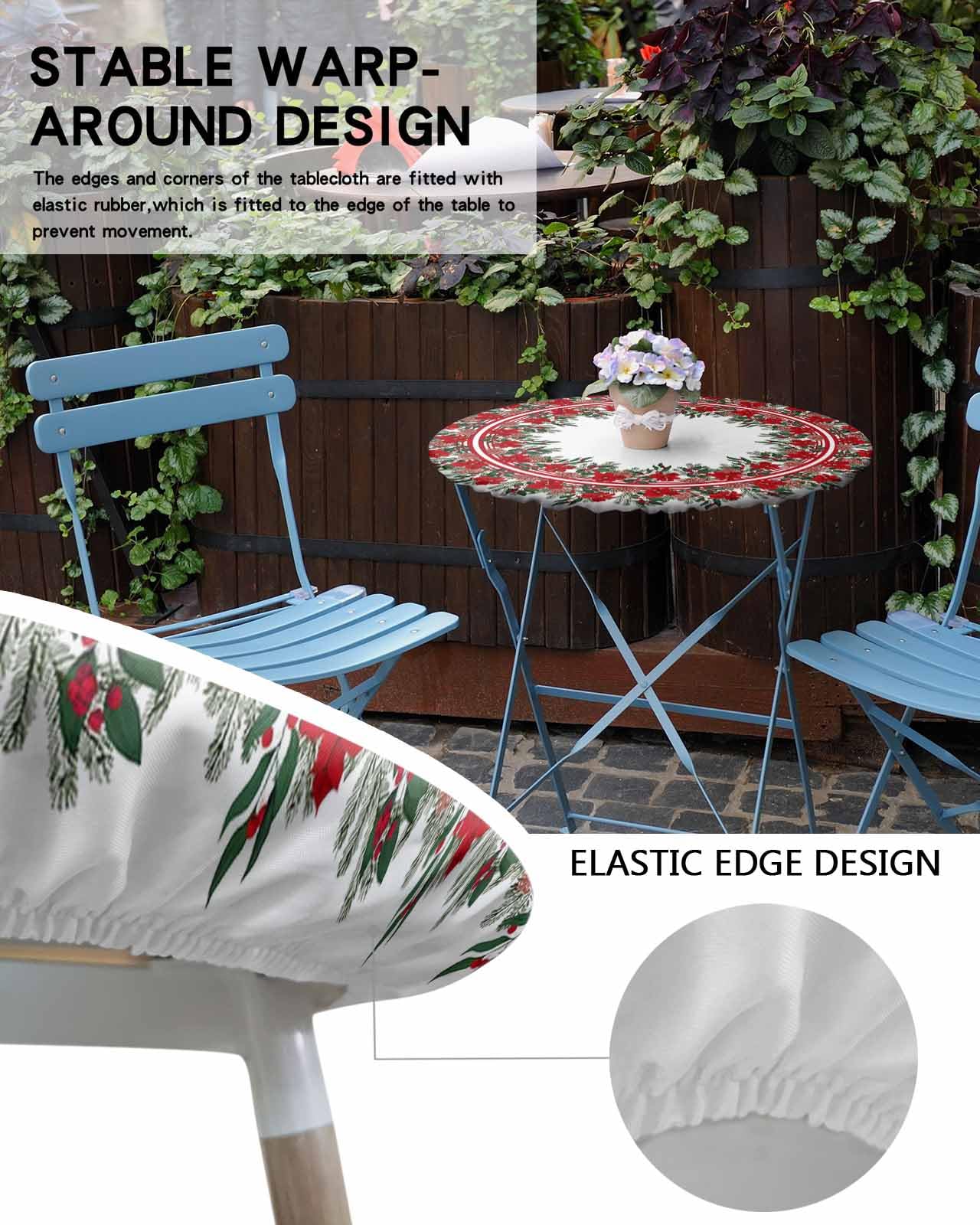 Christmas Day Round Fitted Table Cover For Dining Tables,Elastic Edged Tablecloth Red Poinsettia Flower Berries Wreath Waterproo