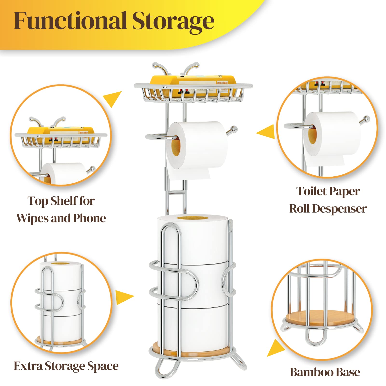 KeFanta Toilet Paper Holder Stand with Shelf, Chrome & Bamboo, 23.6"x6.3"x6.3", Free Standing Tissue Holder for Bathroom