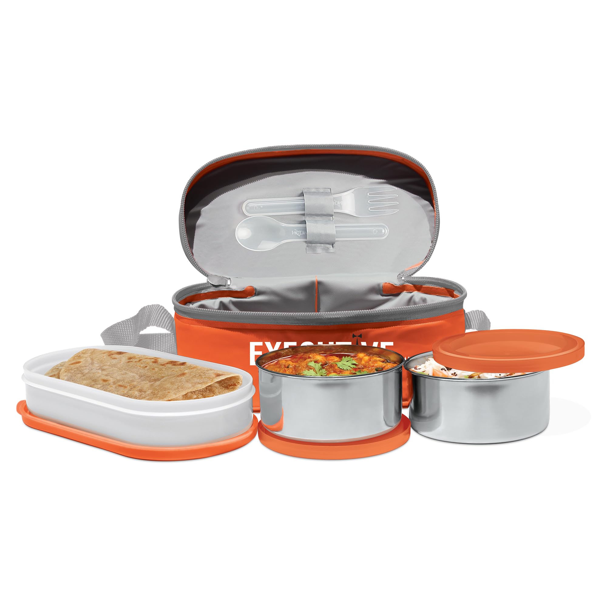Milton Executive Lunch Insulated Tiffin, 2 Round Containers, 280 Ml Each, 1 Oval Container, 450 Ml, Orange