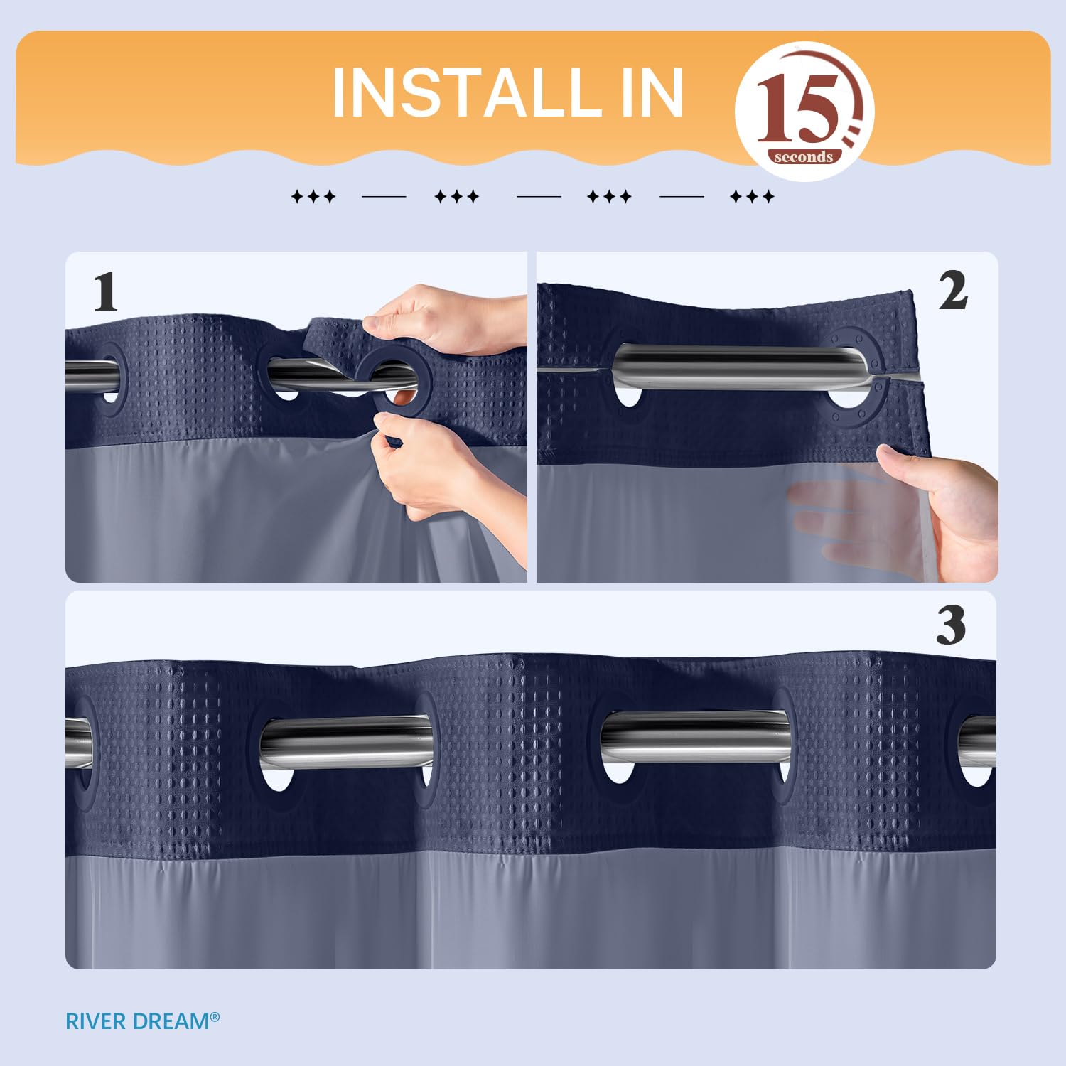 No Hooks Required Waffle Weave Shower Curtain with Snap in Liner - 71W x 74H Hotel Grade Spa Like Bath Curtain Navy