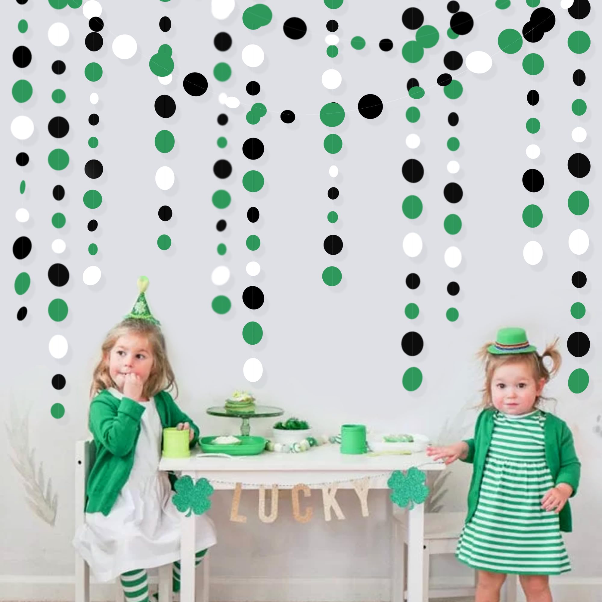 46 Ft Black Green Party Decorations Polka Dots Garlands Green And Black White Hanging Paper Circle Dots Streamer For Birthday Gr