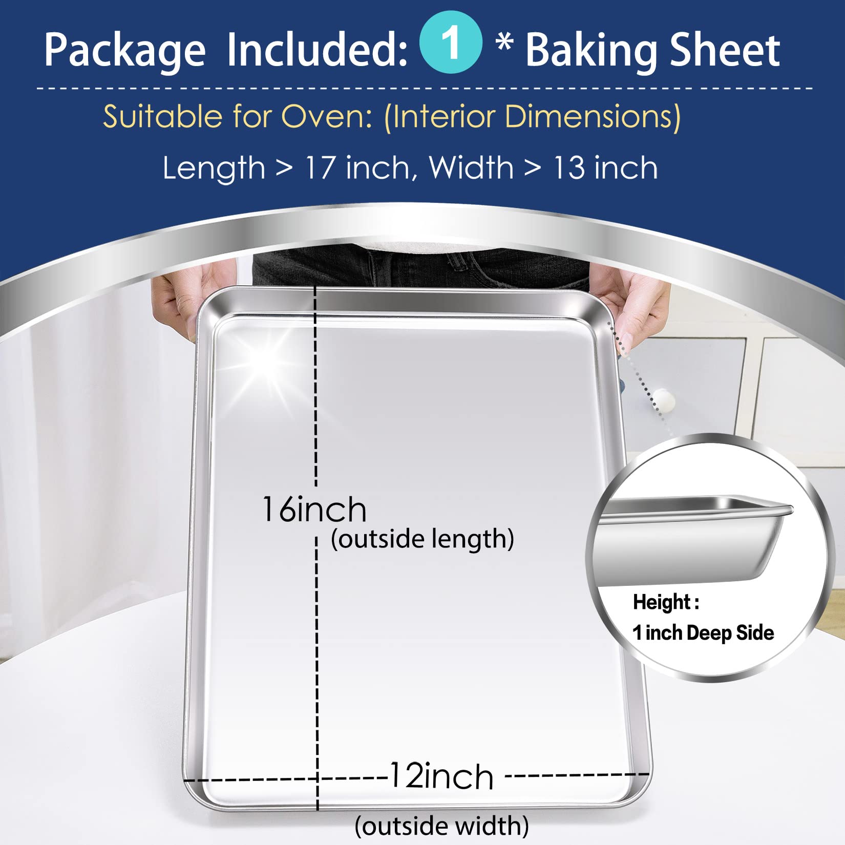 Large Baking Sheet, P&P Chef Stainless Steel Cookie Sheet Baking Pan Tray, Rectangle 16''X12''X1'', Healthy & Non Toxic, Mirror