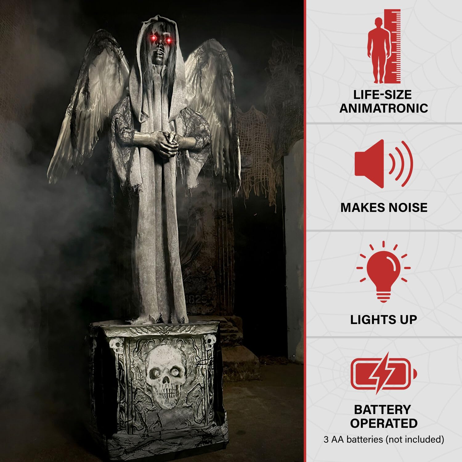 Haunted Hill Farm Lifesize Animatronic Scary Haunted Angel Statue with Touch Activated Lights and Sound, Battery-Operated Indoor