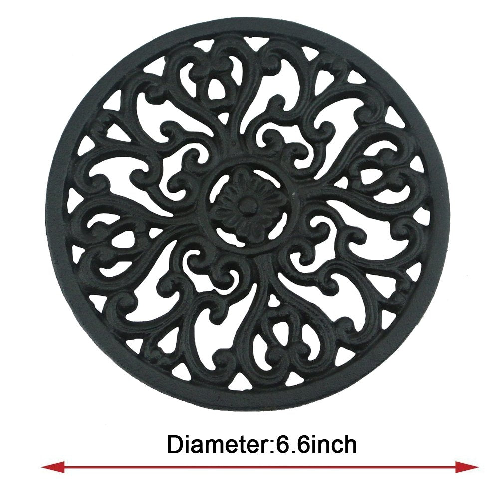 Ogrmar 6.6'' Diameter Decorative Cast Iron Round Trivet With Vintage Pattern For Rustic Kitchen Or Dining Table With Rubber Pegs