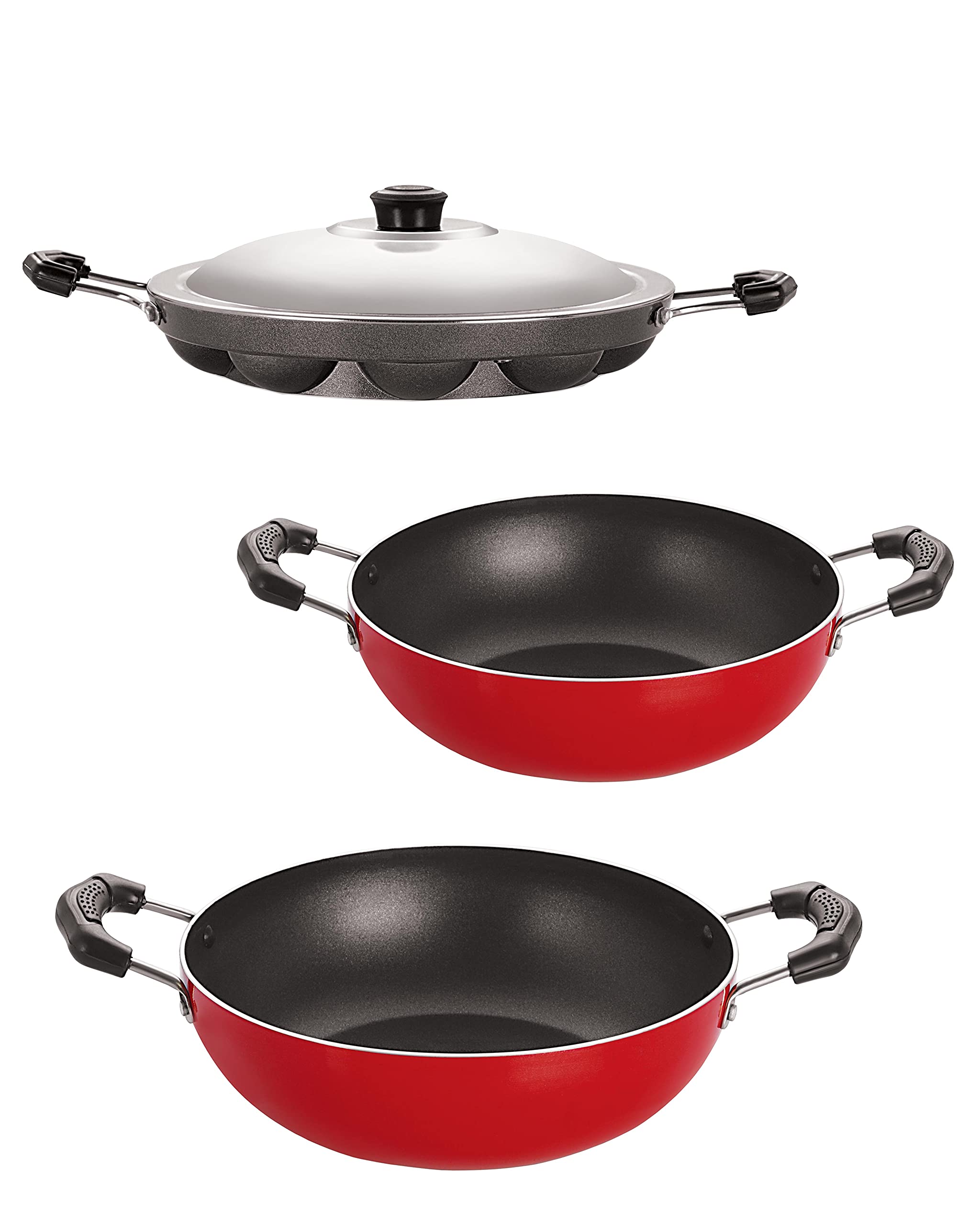 Deluxe NonStick Set Of Kitchenware Utensils Aluminium Red & Black Kadhai 1.5 Liter, Kadhai 2.5 Liter, Appam Patram With Stainle