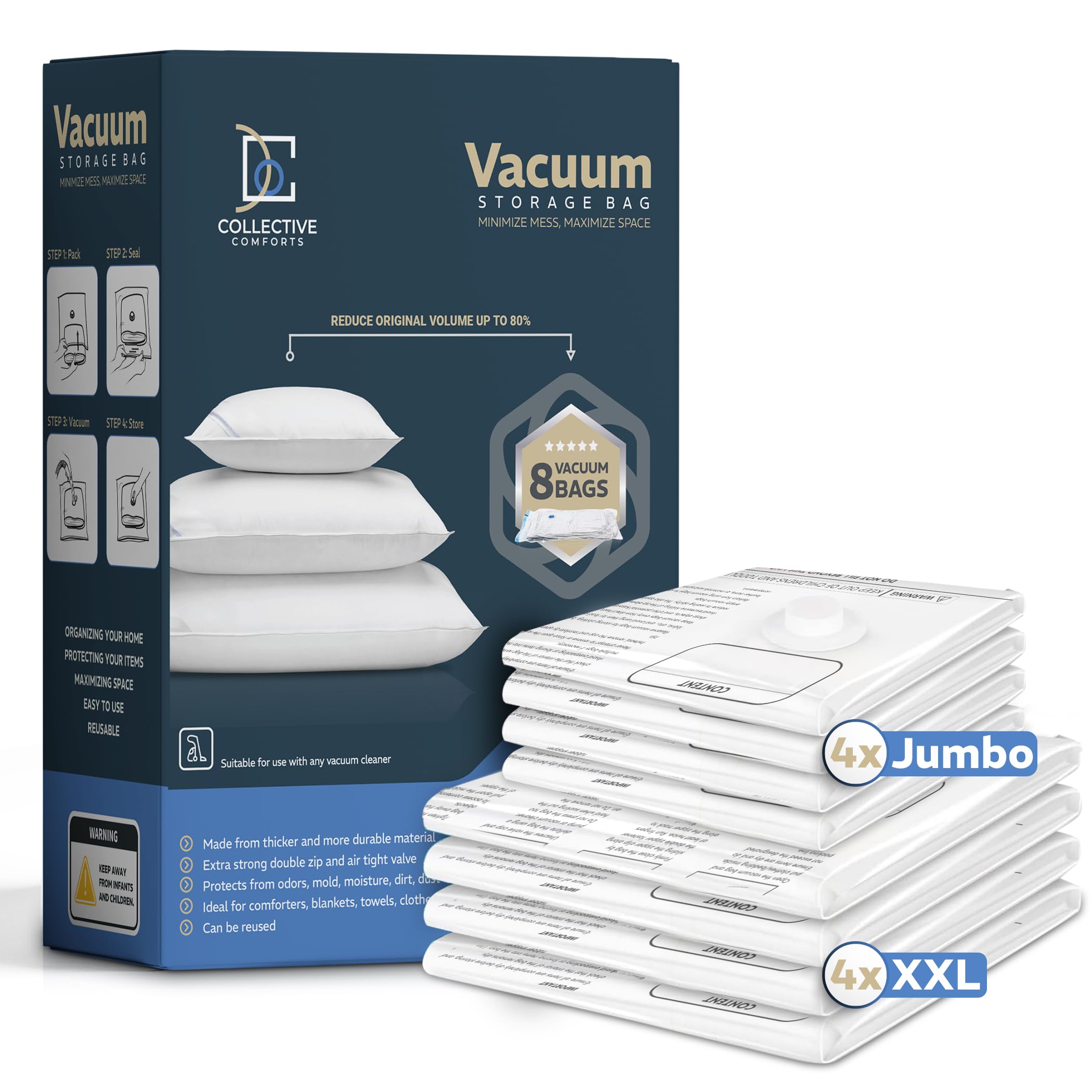 8 Pack Xxl Jumbo Vacuum Storage Bags - Vacuum Seal Bags For Clothing, Bedding, Blankets - Comforter And Pillow Storage - Space S