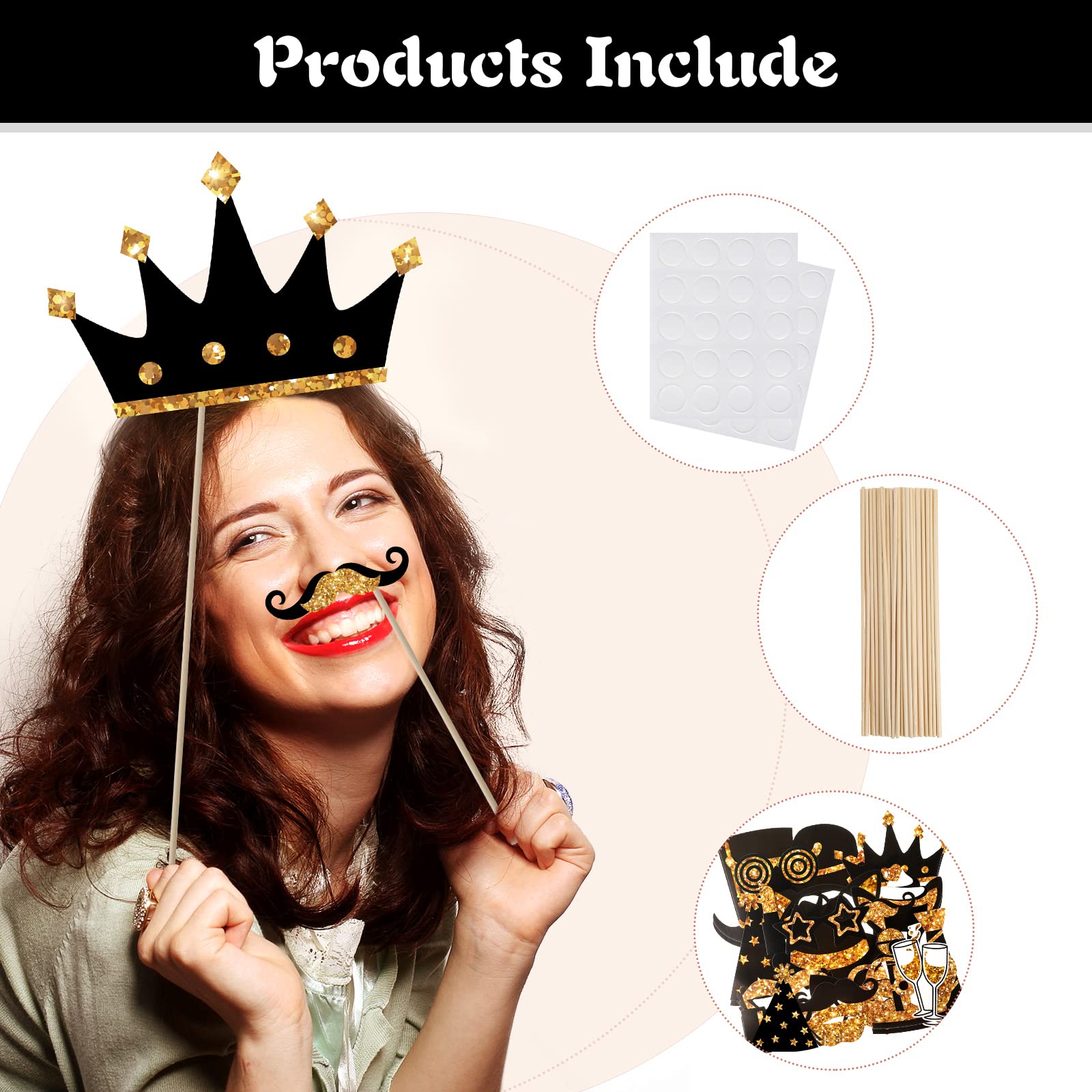 24 Pieces Party Photo Booth Props for Birthday Weddings Graduation Prom New Year Party Supplies Mix of Hats  Lipstick  Tie  Crowns (Golden)