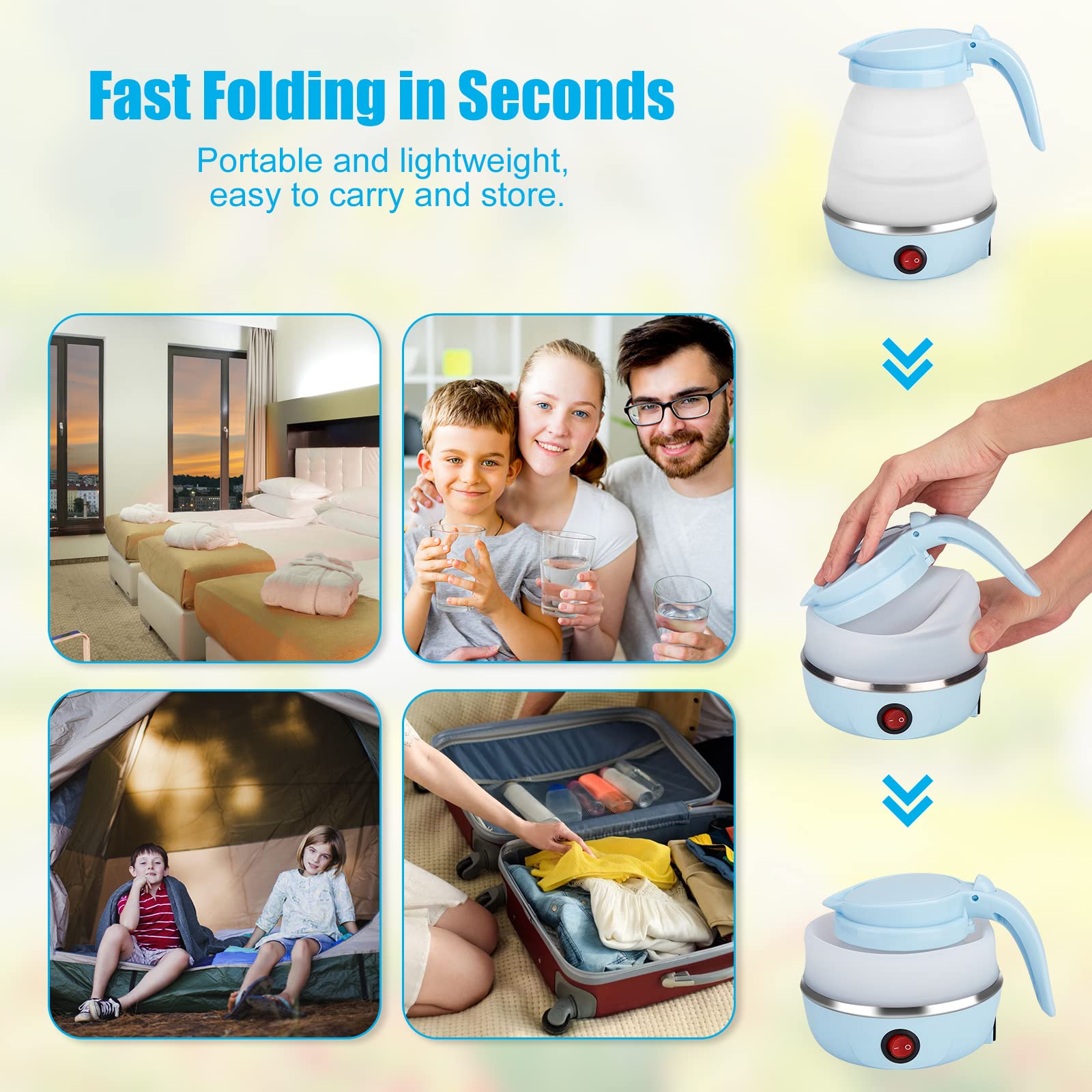 Travel Foldable Electric Kettle  Collapsible Portable Kettle for Fast Water Boiling Tea Coffee  with 1 Collapsible Bowl and 2 Collapsible Cups  Food Grade Silicon  600ML 110V