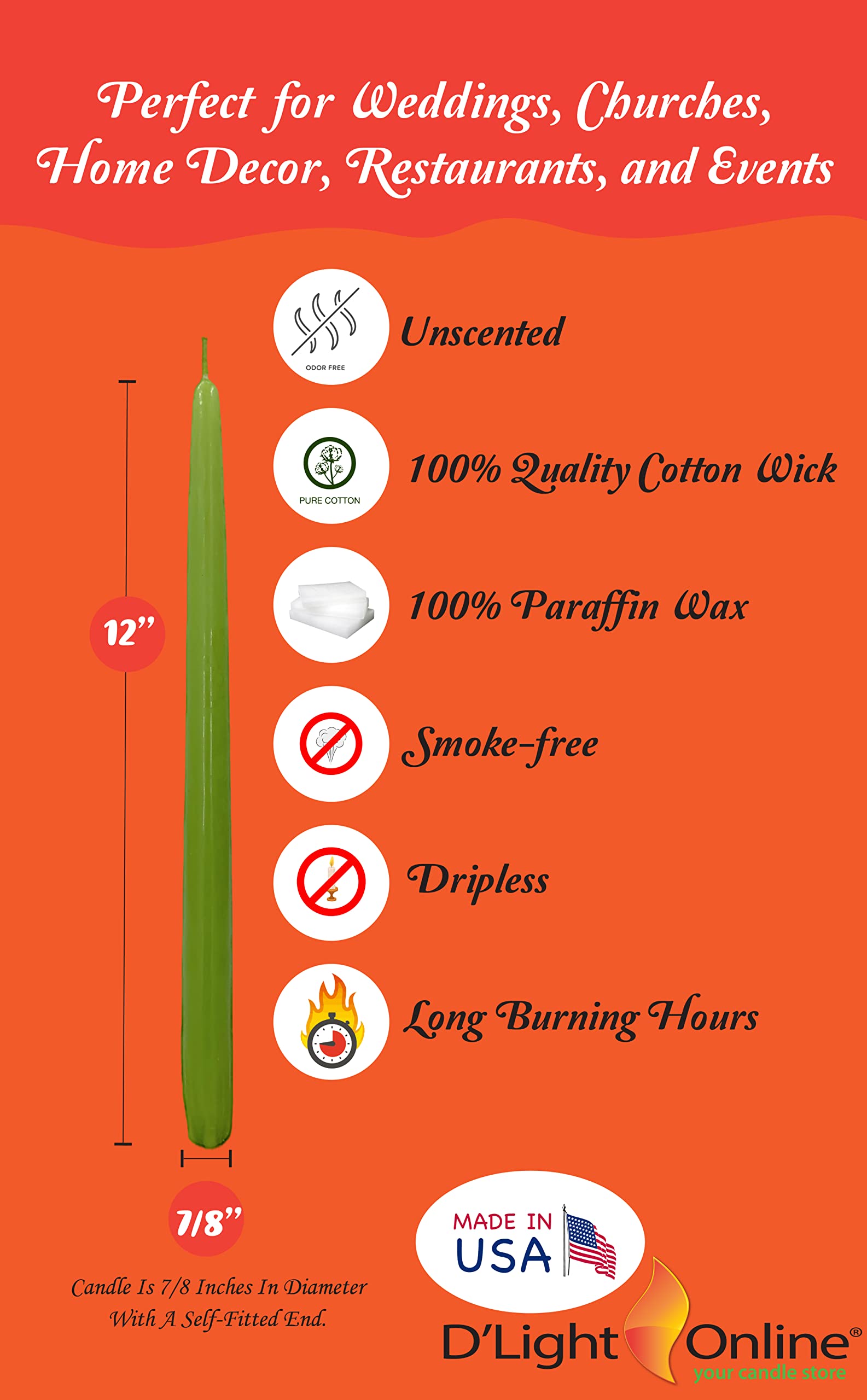 D'light Online Elegant Unscented Fresh Lime Green Taper Premium Quality Candles Hand-Dipped  Dripless and Smokeless - Set of 12 Individually Wrapped (12 Inch  Fresh Green)
