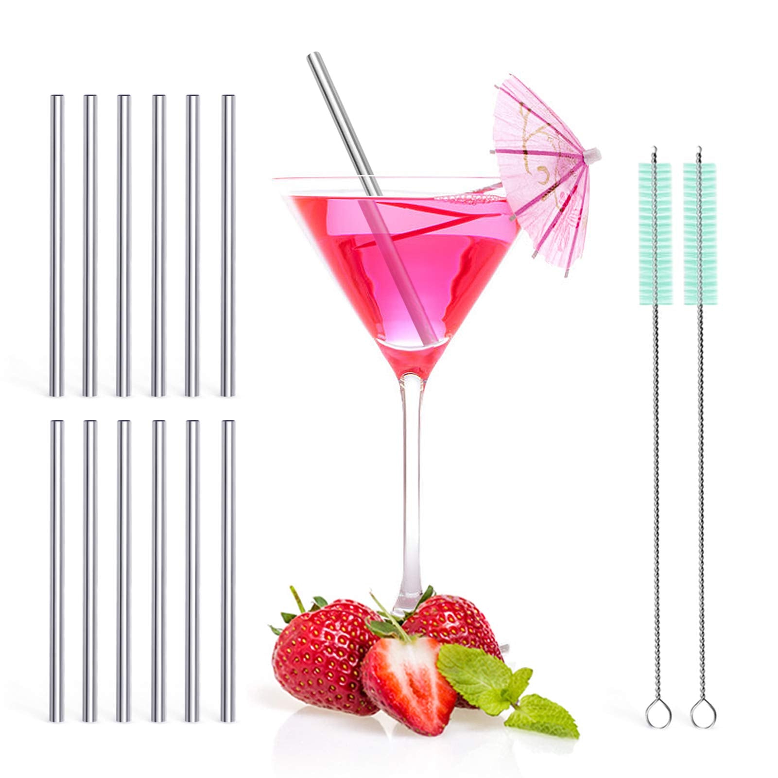 Teivio 12 Pack + Cleaning Brush, 5-Inch Extra Short Reusable Stainless Steel Drink Straws For Cocktails, Small Glasses Or Cups (
