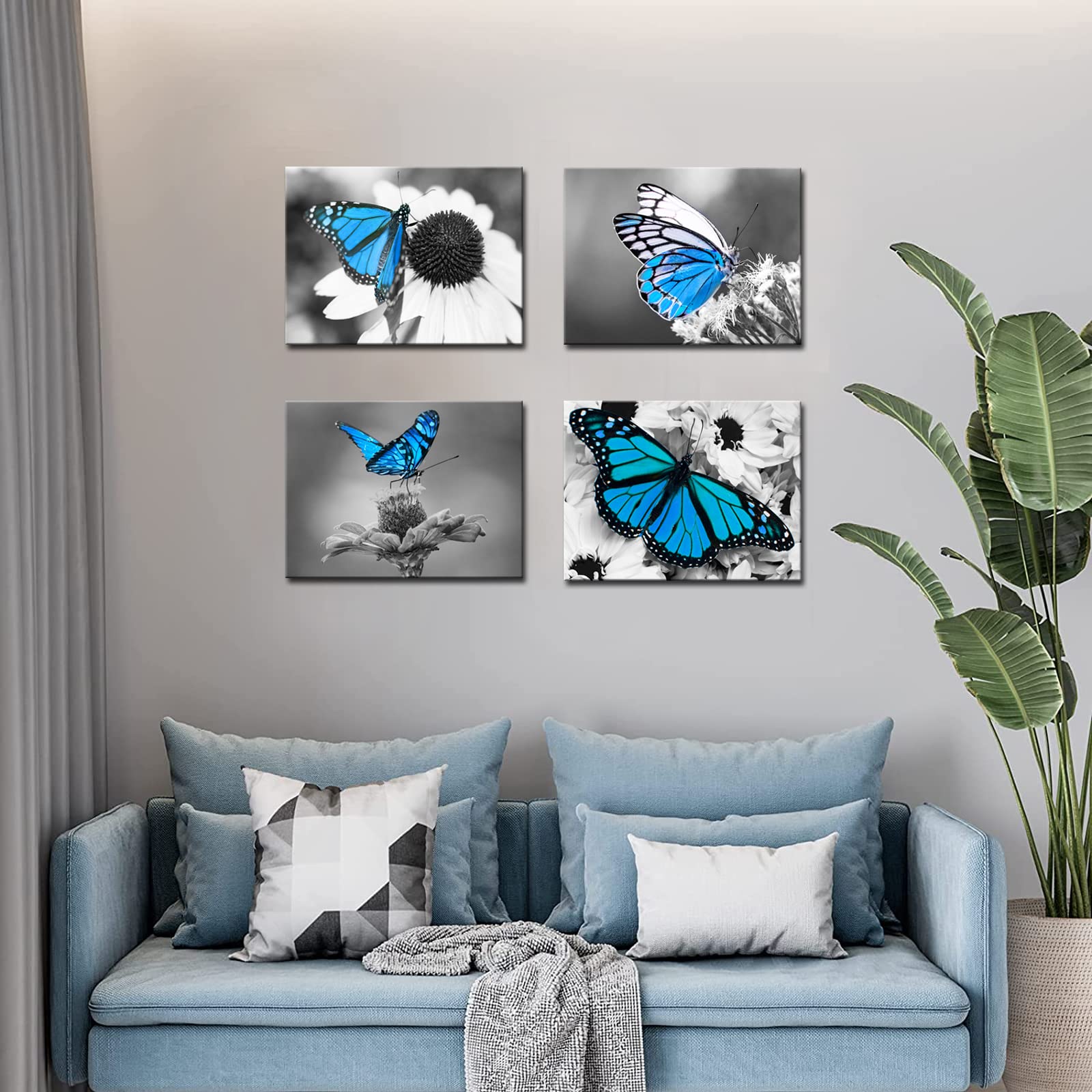 Biuteawal Flower Wall Art Blue Butterfly On Daisy Floral Picture Canvas Painting Black White Nature Landscape Artwork Home Kitch