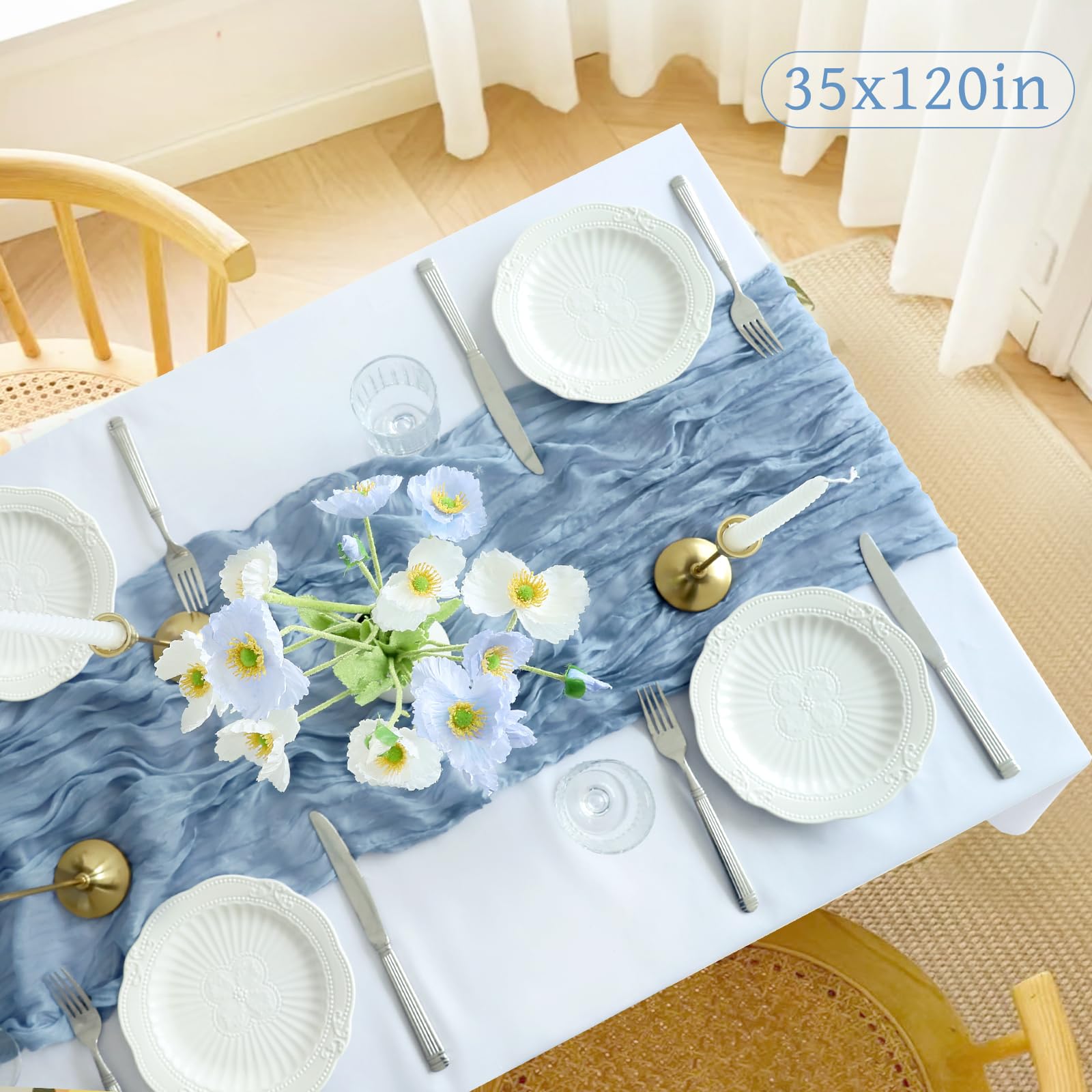 Blue Table Runner, 10FT Dust Blue Cheesecloth Table Runners 35*120inch Boho Gauze Tablecloth for Wedding Bridal Shower Baby Show