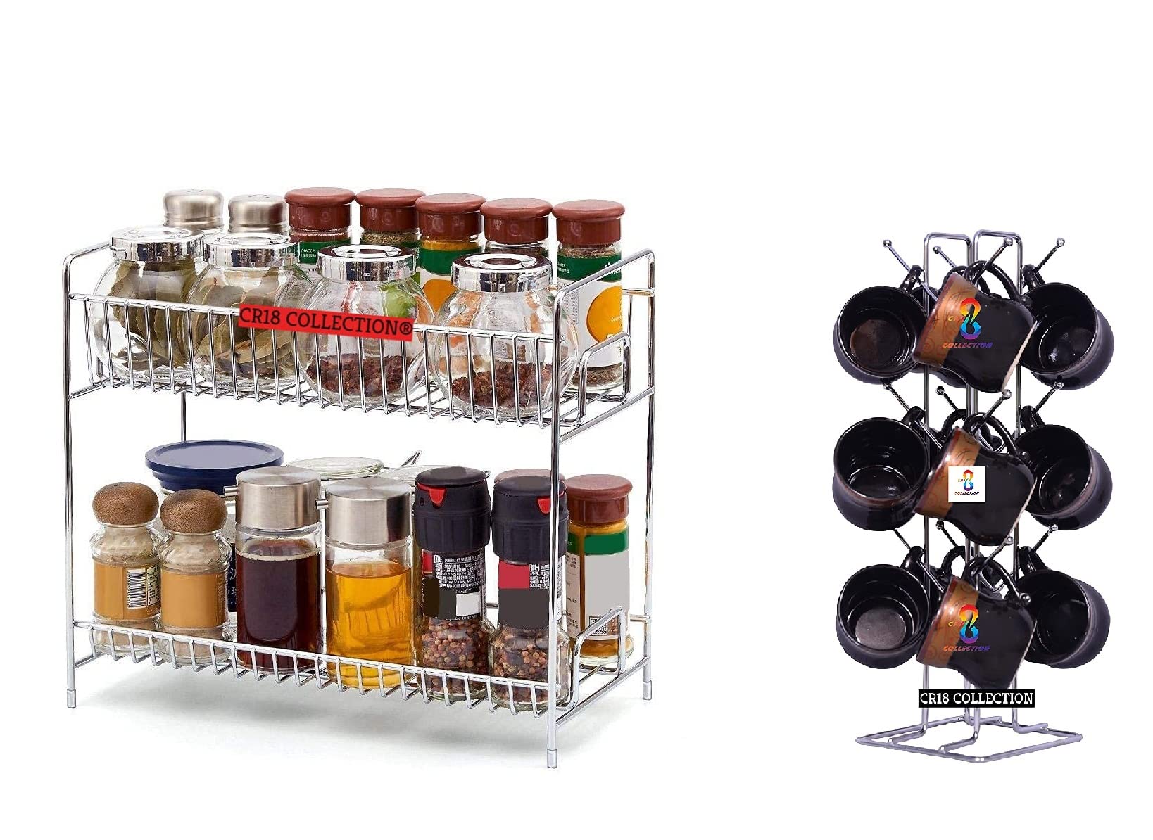 Cr18 Collection Combo Stainless Steel Heavy Built Strong 2 Layer Spice Rack/Fruit & Vegetable Rack & 12 Cup Holder (Combo Racks 