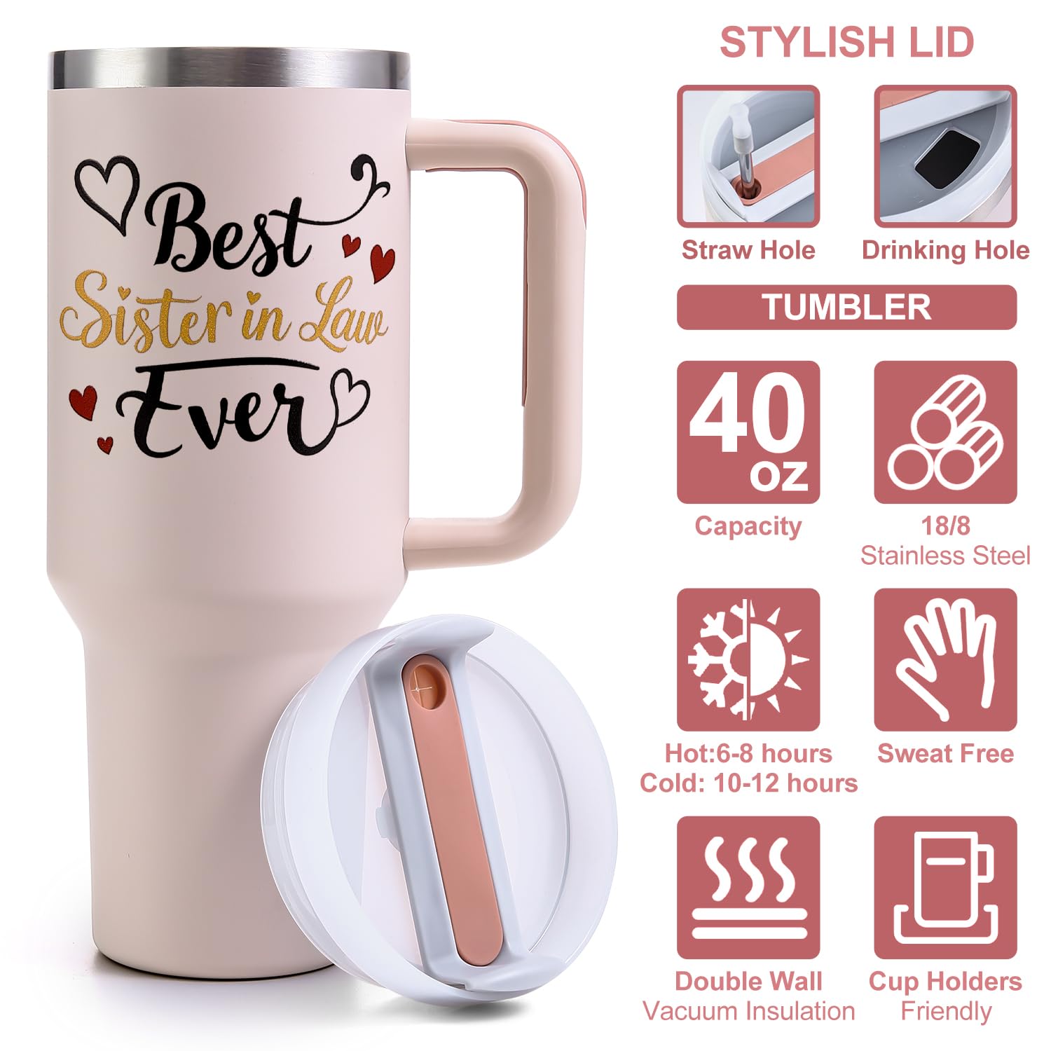 VoziSpace Best Sister-in-Law Tumbler Birthday Gifts for Women, Mothers Day Stainless Steel Insulated Travel Cup with Lid, Funny
