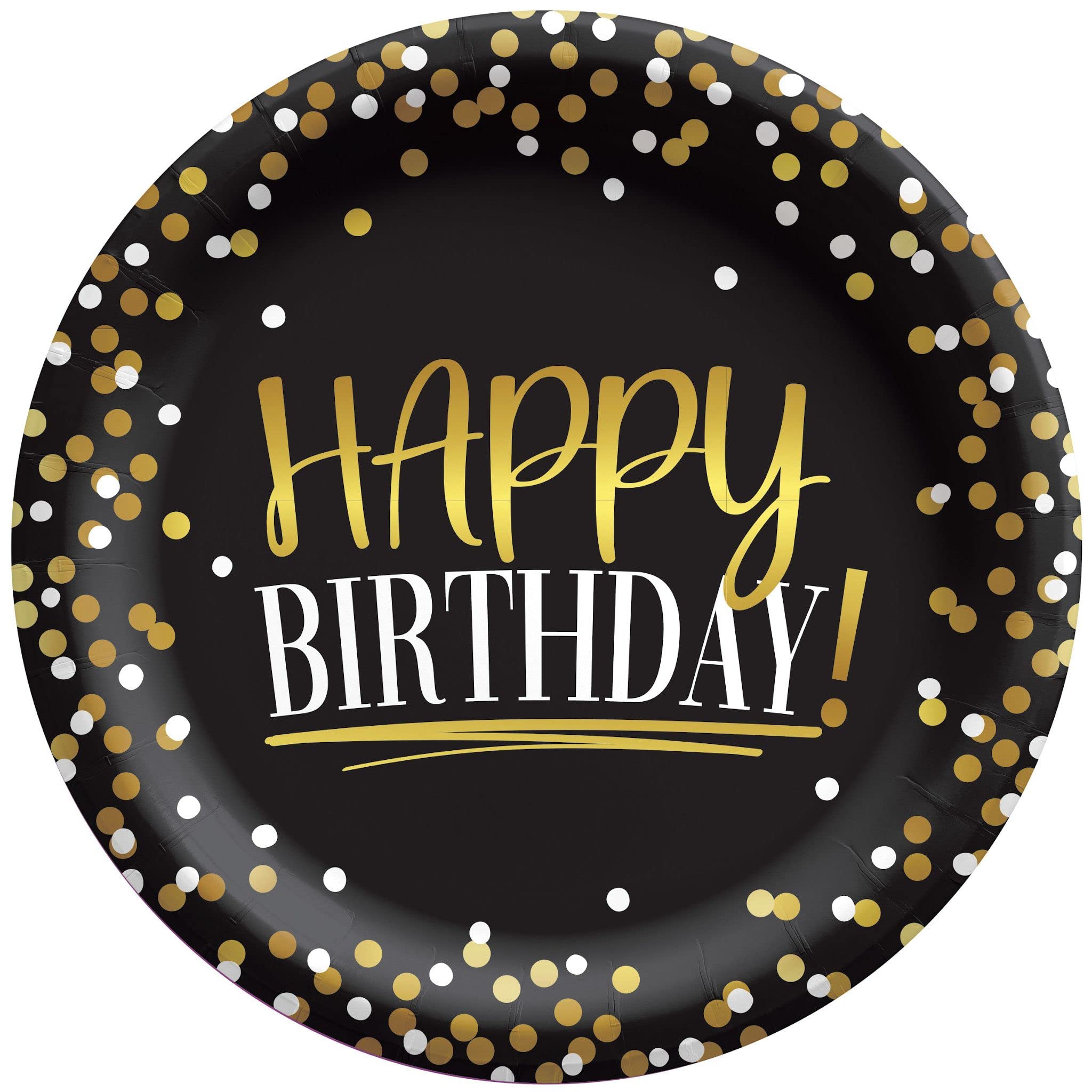 Amscan Elegant Black & Gold Happy Birthday Round Plates, 6.75'' - Premium Quality & Stylish Dots Design Party Plates, Perfect Fo