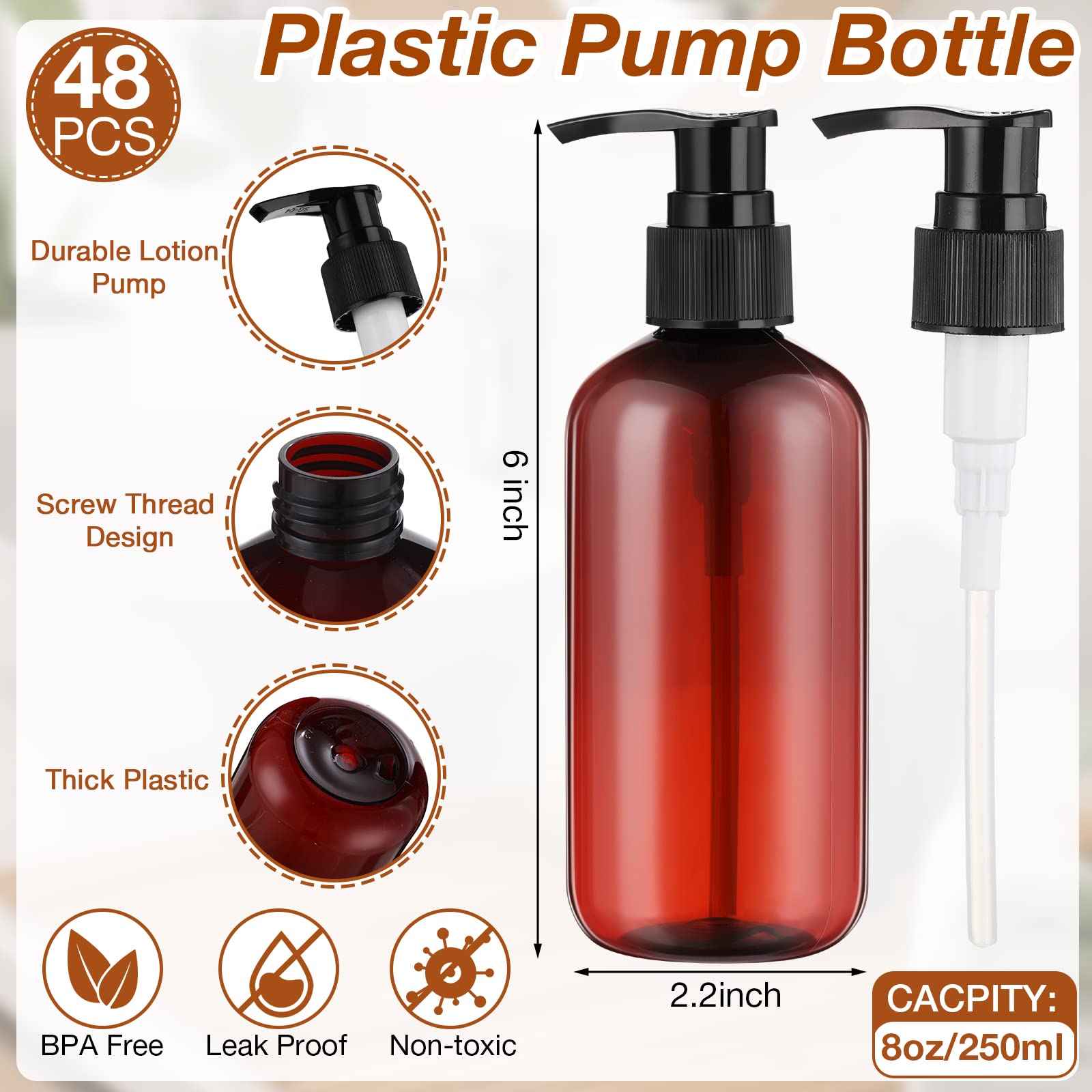 48 Pcs Pump Bottle Lotion Dispenser Refillable Shampoo Conditioner Hand Soap Dispenser Plastic Empty 8Oz/250Ml Clear Reusable Bo