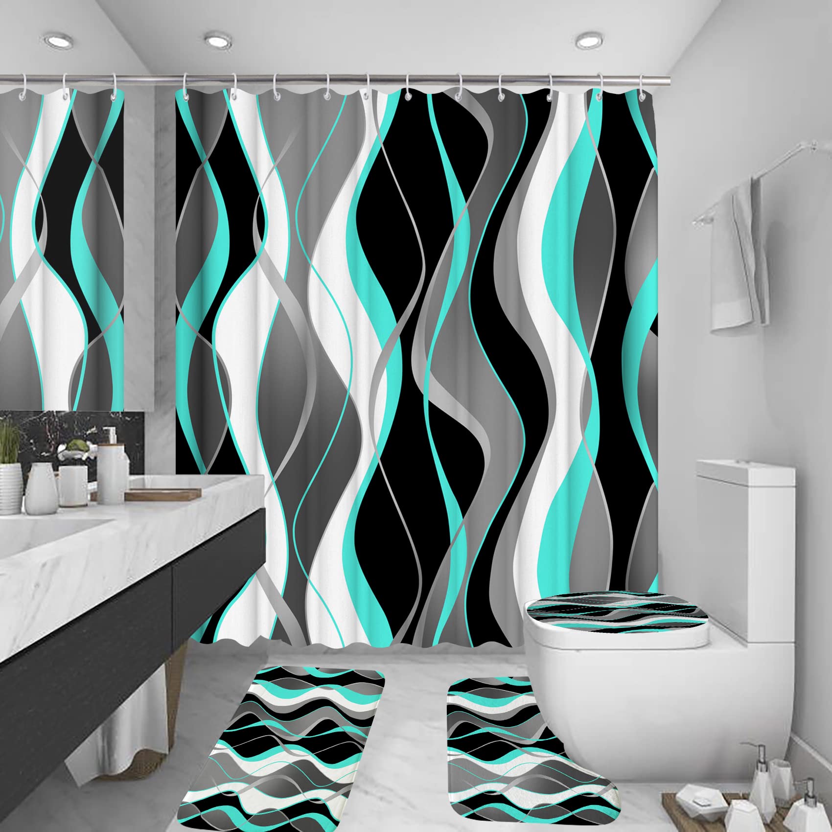 4Pcs Turquoise Shower Curtain Sets With Non-Slip Rugs, Toilet Lid Cover And Bath Mat, Black And Gray Bathroom Decor Set Accessor