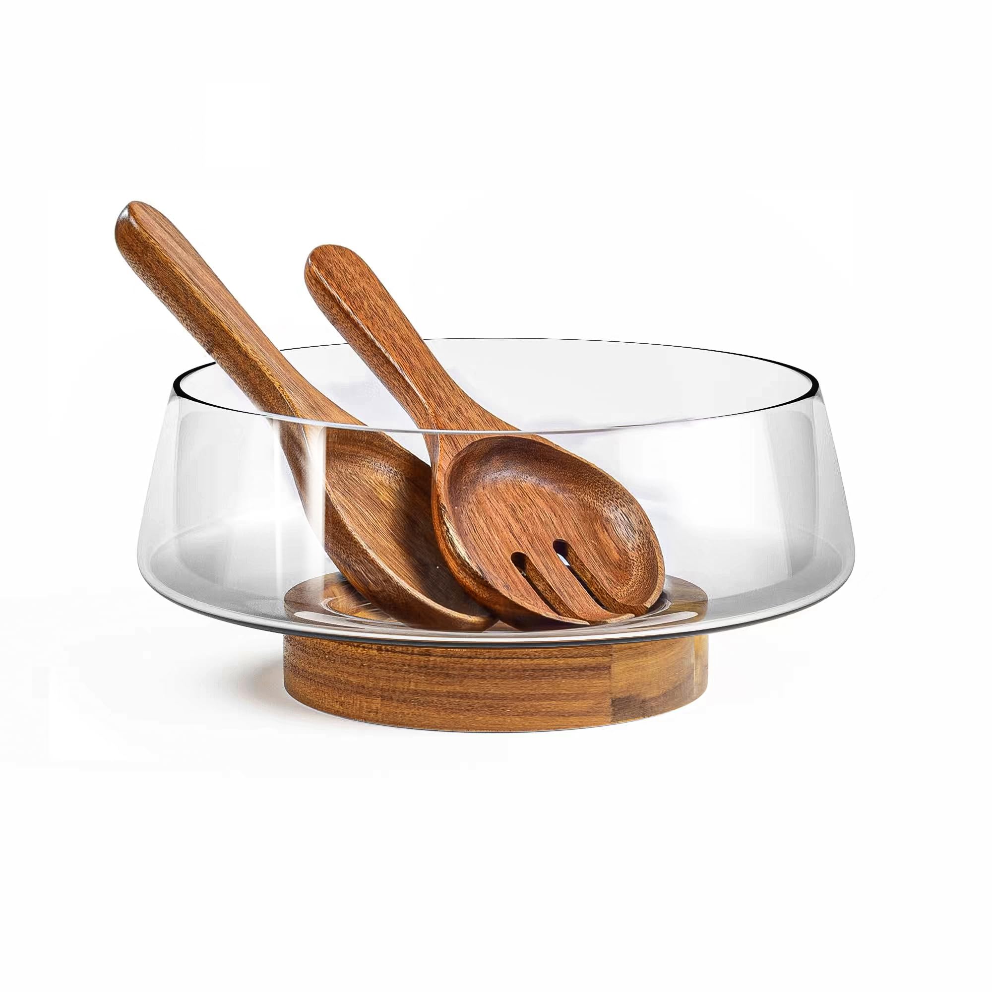 Kiteiscat Extra Large Glass Salad Bowl Set - Salad Bowls For Party With Acacia Wood Base And Salad Serving Utensils - Elegant An