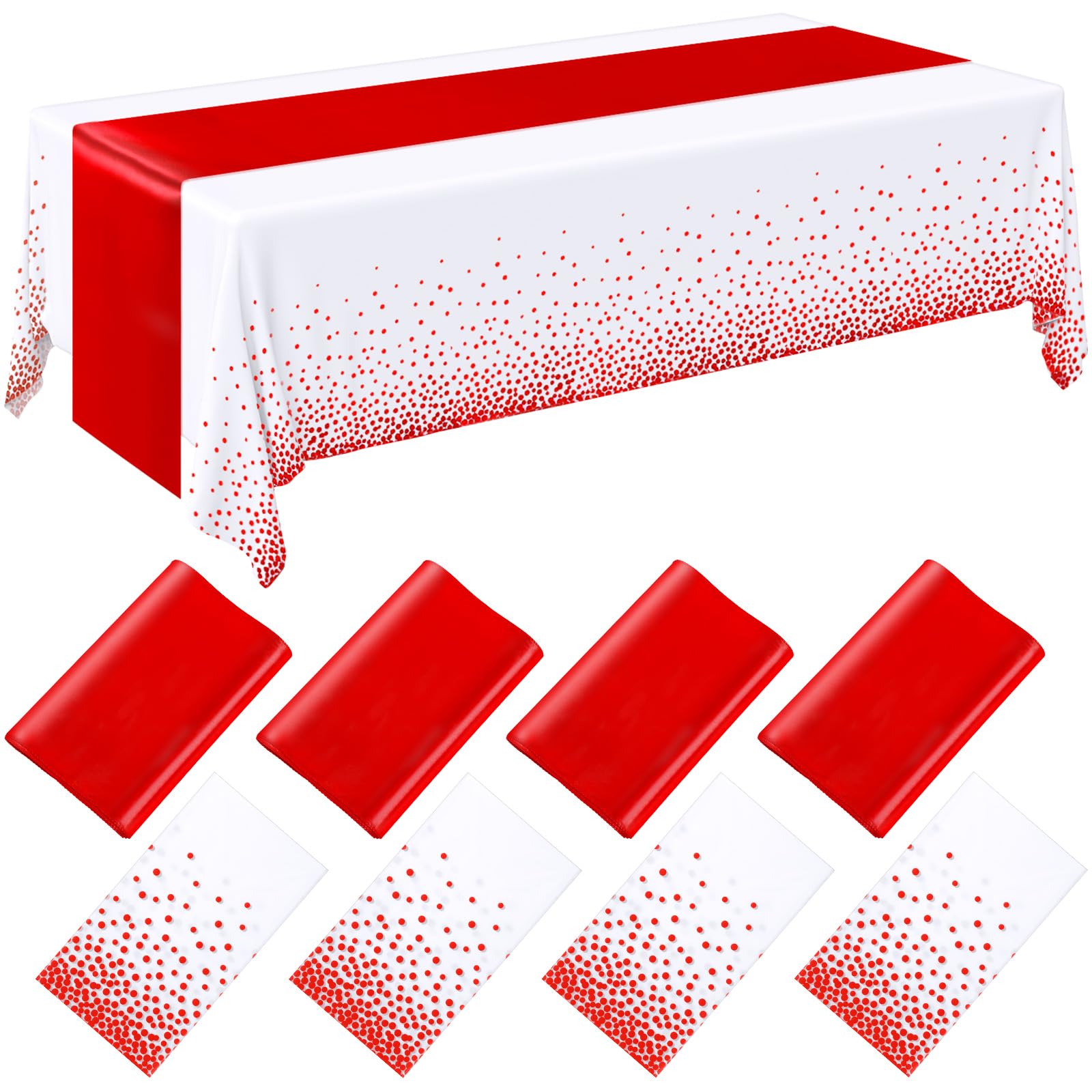 Breling 8 Pack White and Red Disposable Plastic Tablecloths and Satin Table Runner Set, 54 x 108 Inch Tablecloth, 12 x 108 Inch 