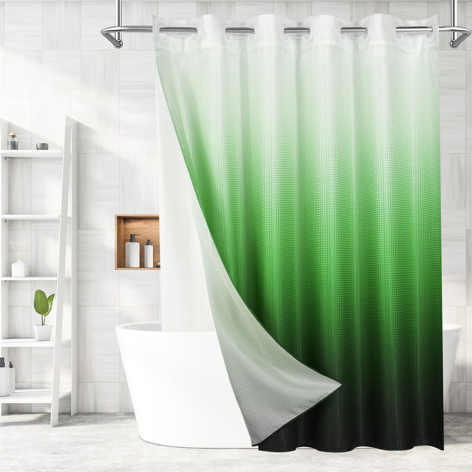 Mitovilla No Hooks Needed Extra Long Shower Curtain With Snap-In Liner, 86 Inch Xl Emerald Green Ombre Heavyweight Waffle Fabric