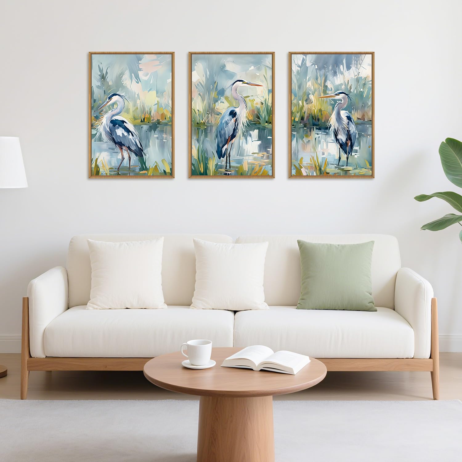 HLNIUC Great Blue Heron Wall Art Set of 3, Watercolor Coastal Bird Wall Decor(24x36), Wildlife Animal Illustrations Canvas Paint