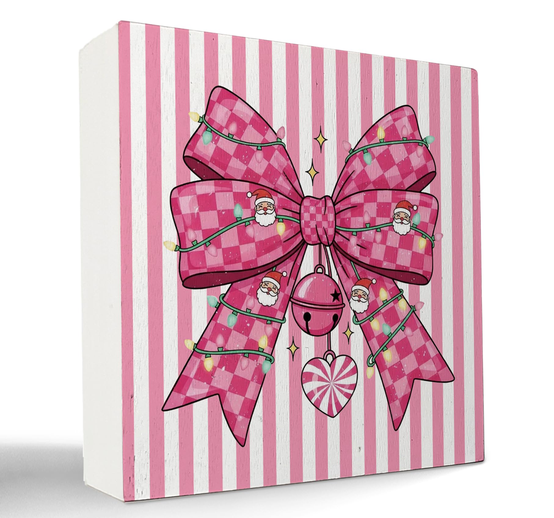 kunlisa Coquette Hot Pink Bow Christmas Wooden Sign, Preppy Christmas Decorations, Retro Girly Xmas Santa Checkered Bow Wood Box