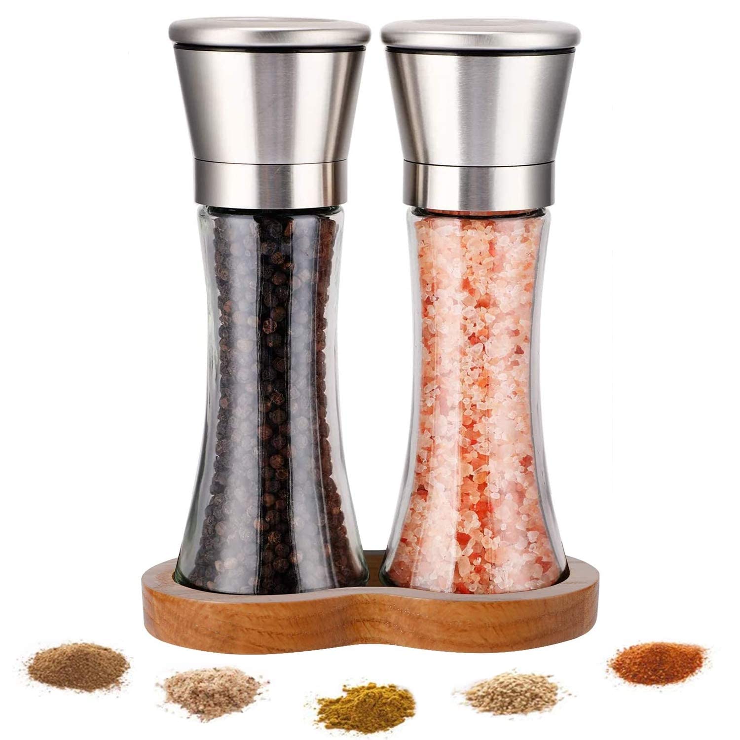 Lessmo 2Pcs Salt And Pepper Grinder Set With Wooden Standing Tray, Salt And Pepper Mill, Stainless Steel Refillable Salt & Peppe