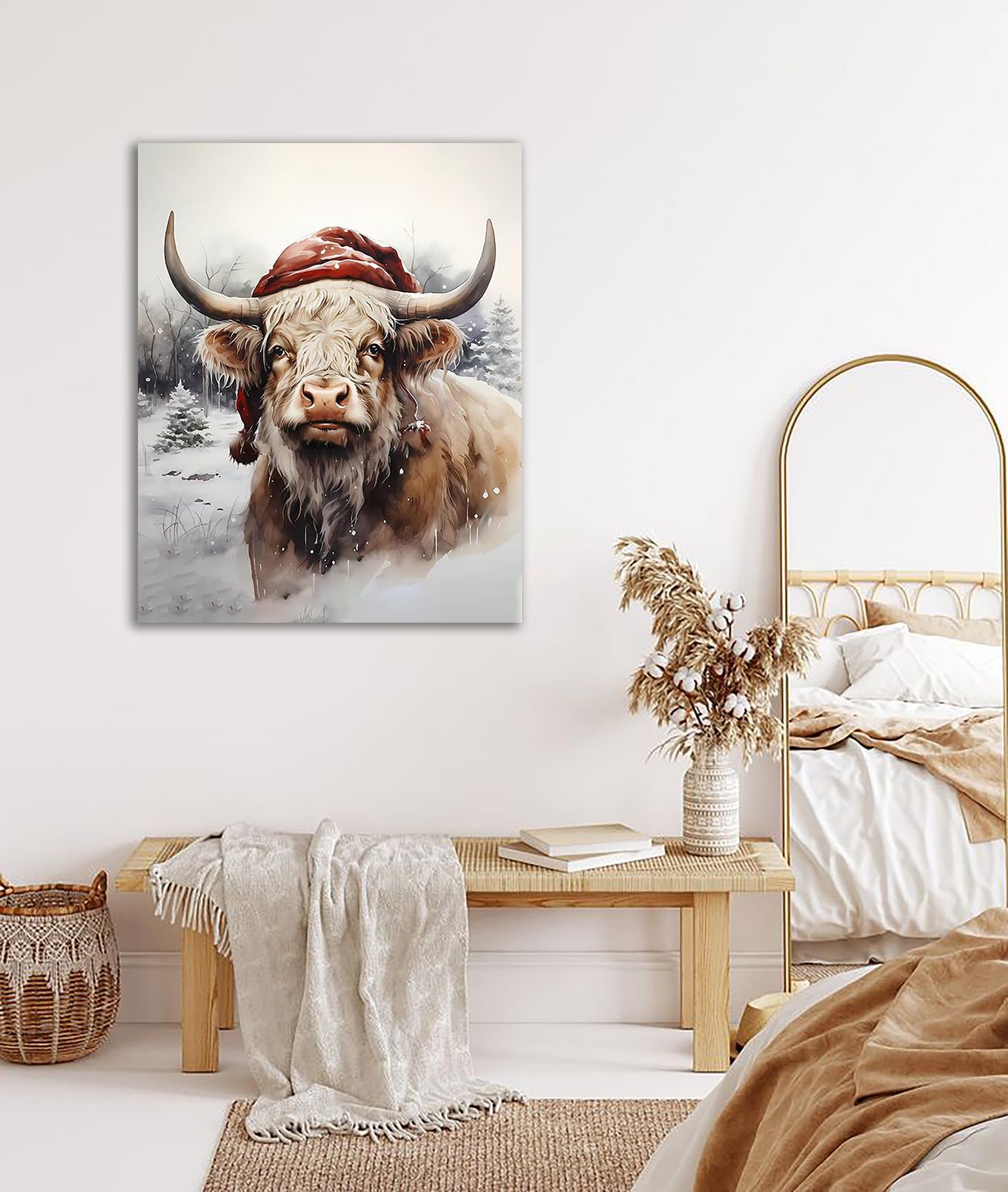 Merry Christmas Cow Canvas Wall Art Highland Cow Canvas Wall Decor Holly Farmhouse House Canvas Poster Decor Xmas Holiday Decora