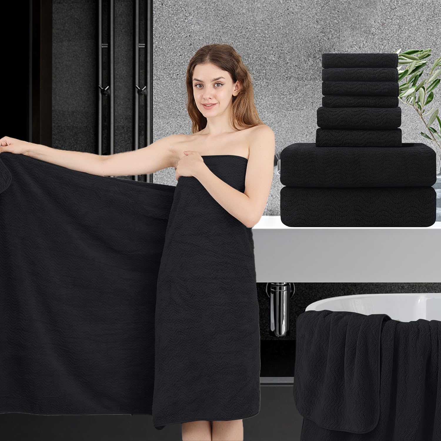 Jessy Home Black 8 Piece Bath Towel Set |2 Oversized Large Bath Sheet,2 Hand Towels,4 Washcloths| Soft Luxury Towel Set For Bath
