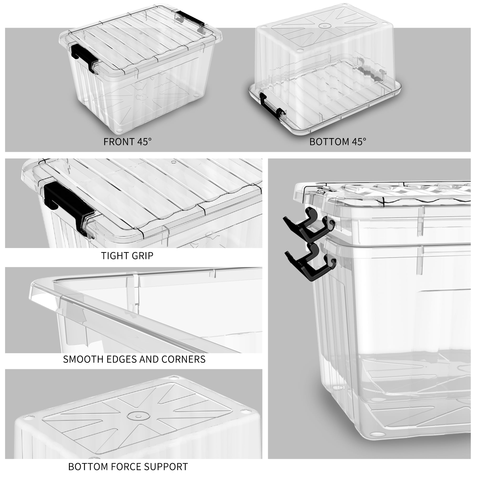 Cetomo Plastic Storage Bin Box Stackable And Nestable With Lid And Secure Latching Buckles, Clear, 18Qt X 6, Pack Of 6
