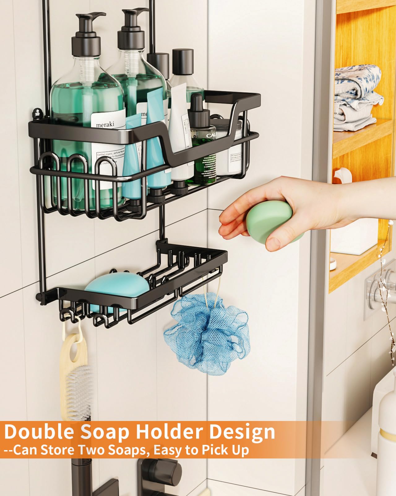 Swtymiki Hanging Shower Caddy, 3 Tier Rustproof Shower Organizer Over Shower Head With 16 Hooks & Dual Soap Holder, Large Capaci