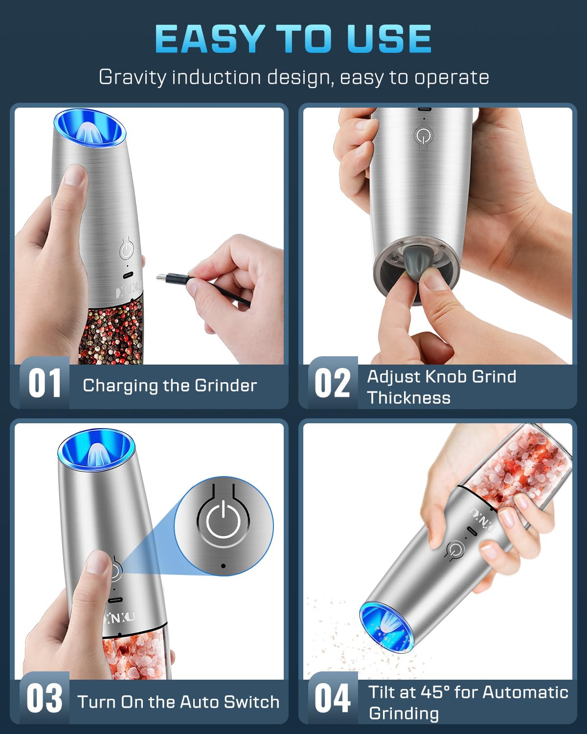 Xinxu Rechargeable Eectric Salt And Pepper Grinder Set,Automatic Pepper Mill,Usb Rechargeable,Adjustable Coarseness,One-Handed O