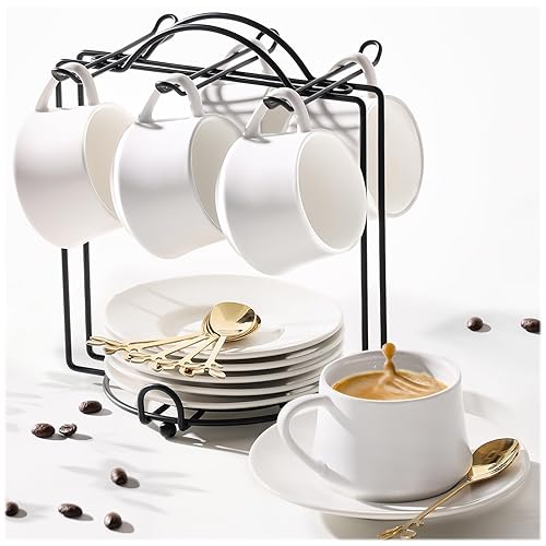 Lareina Espresso Cups With Saucers, Spoons And Metal Stand, Small 4 Oz Ceramic Cappuccino Coffee Cups Set Of 6, Cute Demitasse C