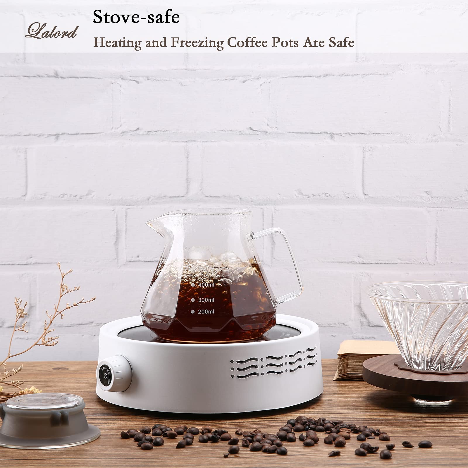 Lalord Pour Over Coffee Maker, 20 Oz Borosilicate Glass Carafe With 100 Pcs V60 Paper Filter, Walnut Handle & Glass Lid, Drip Co