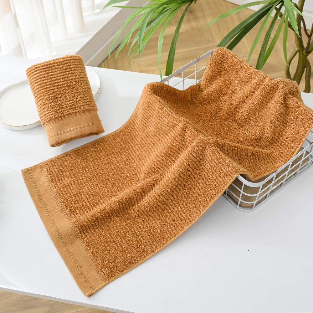 Yiluomo Super Soft Mustard Orange Hand Towel Set Of 2 Ribbed Striped Pattern 100% Cotton Absorbent Decorative Towel For Bathroom