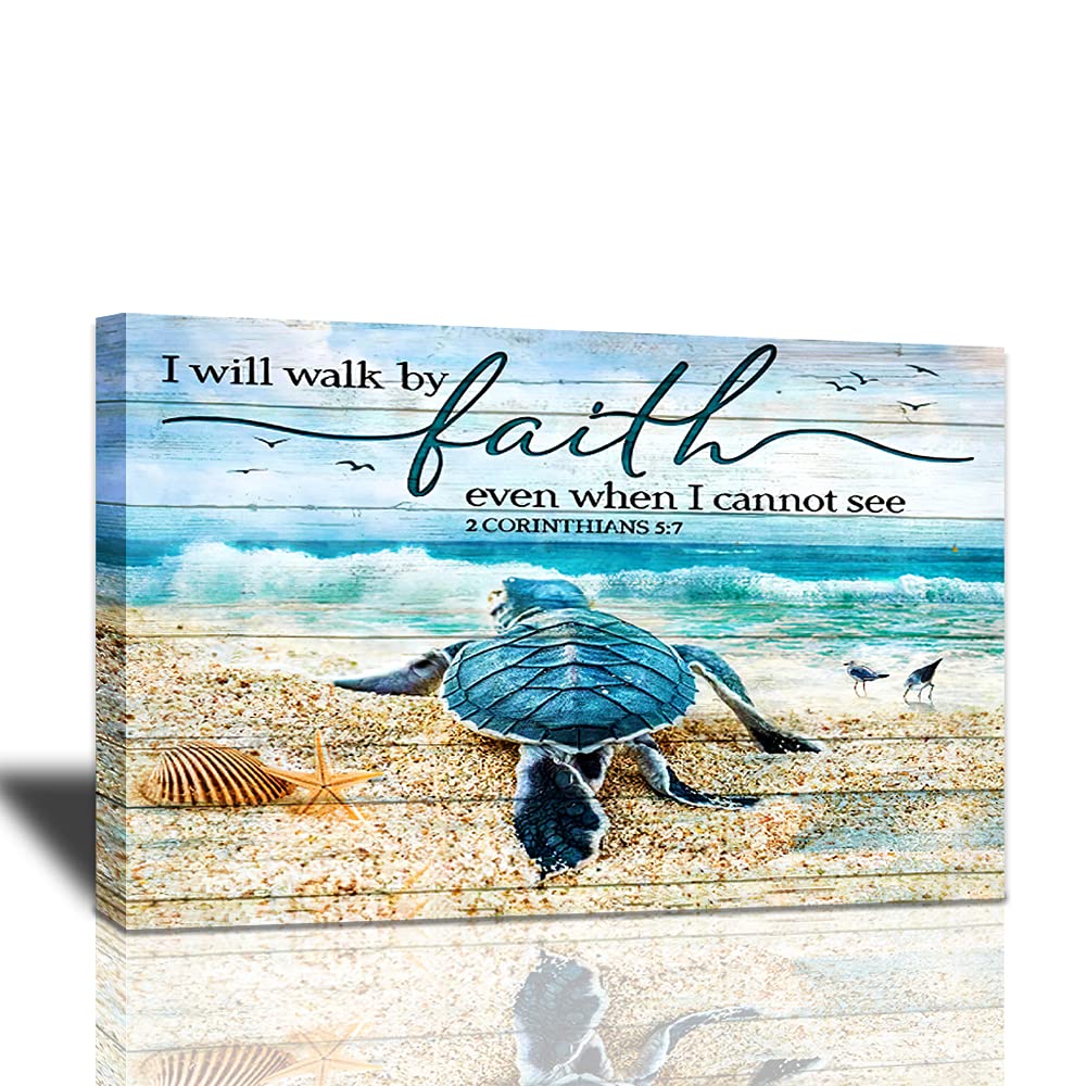Tourrest Scripture Holy Bible Wall Art Teal Sea Turtle Walk By Faith Canvas Print Inspirational Quote Framed Blue Ocean Beach Co