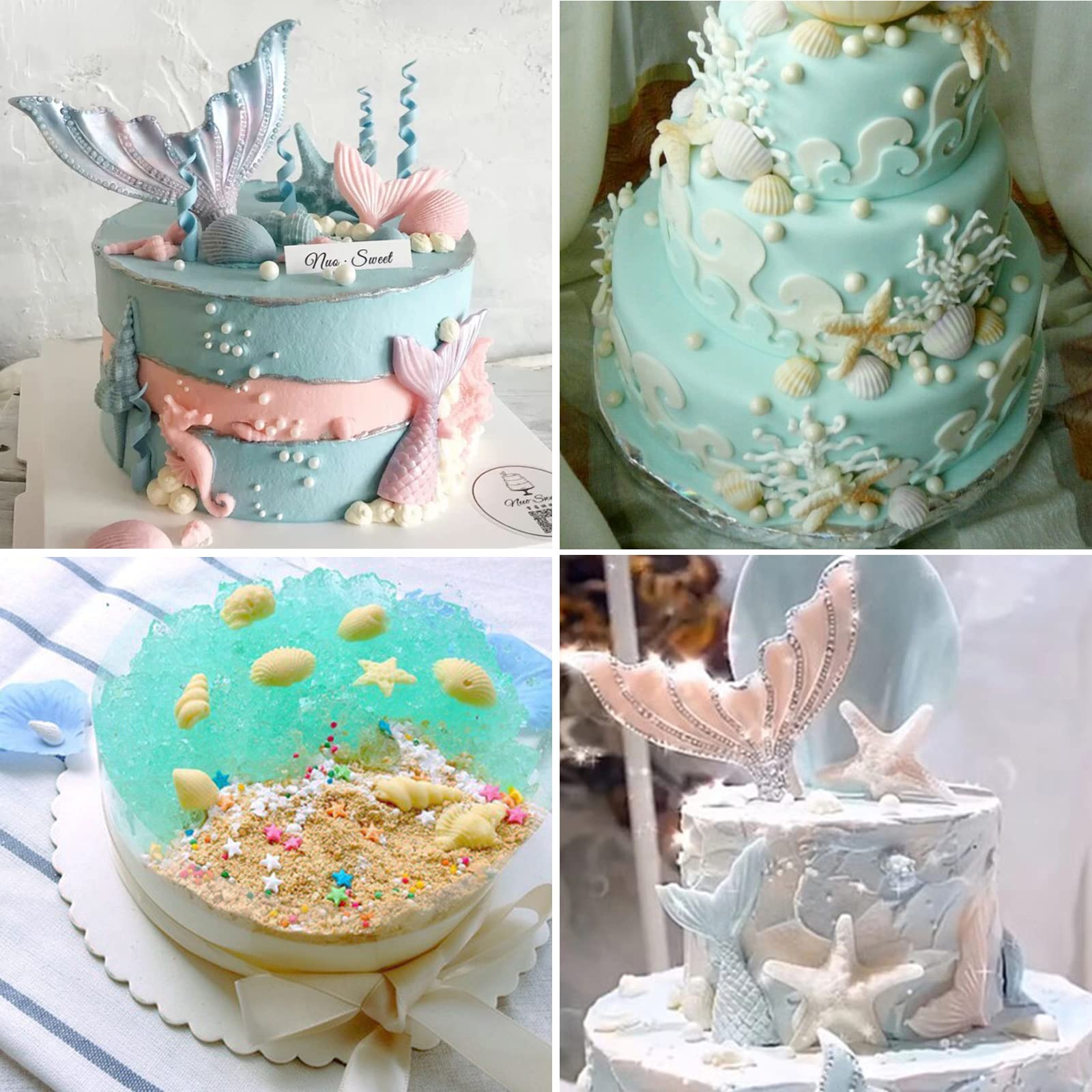 Beasea Mermaid Cake Fondant Mold, 3 Pcs Seahorse Seashell Starfish Mermaid Tail Silicone Mold Chocolate Shells Baking Molds For