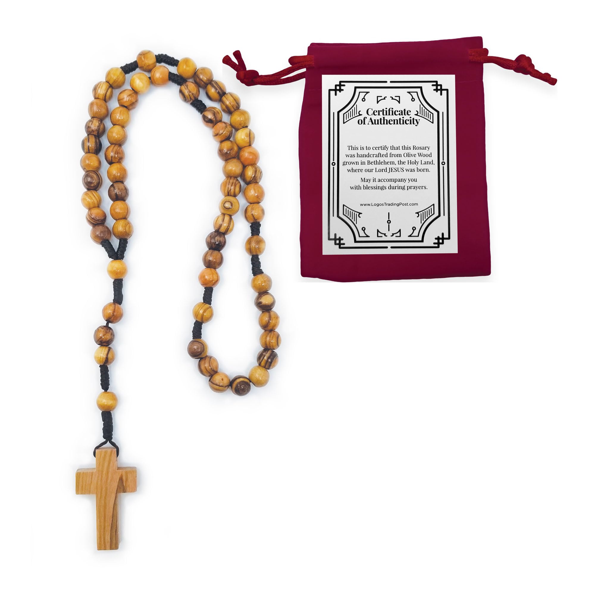 Certified Olive Wood Catholic Rosary Beads from Israel, Wooden Dangling Cross Pendant with Pouch, Large Beads, For Men and Women