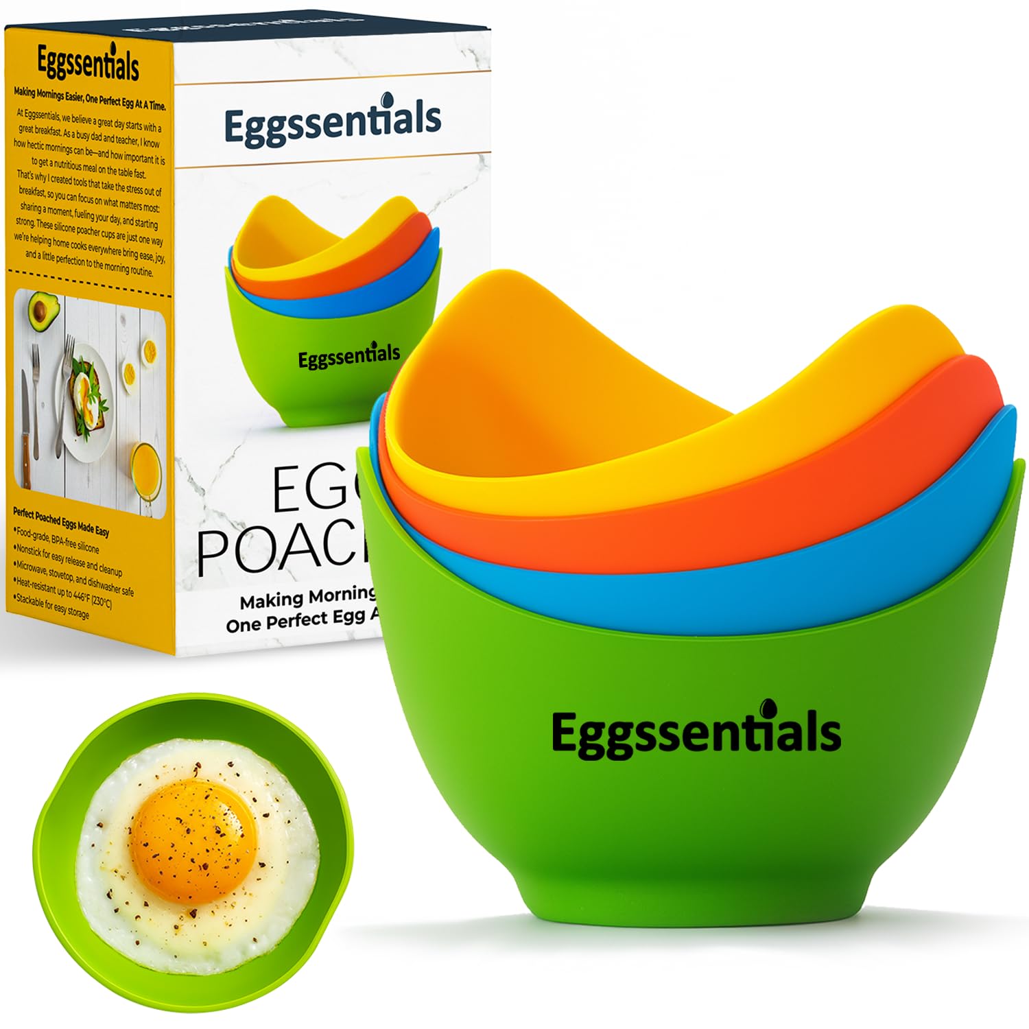 Eggssentials - Poached Egg Cups - Pack of 4 - BPA Free Silicone Egg Poacher Cups - Nonstick Poached Egg Cooker for Microwave, St