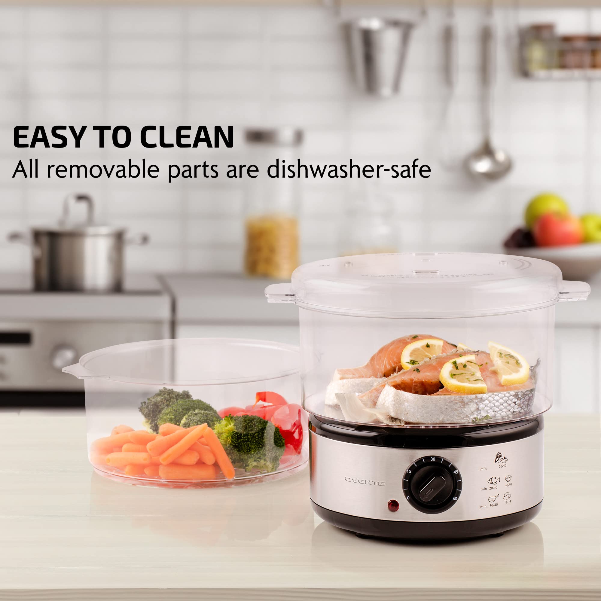 Ovente 2 Tier Electric Food Steamer For Cooking Vegetables, Stainless Steel Base, Stackable And Dishwasher Safe Baskets, 400W Wi