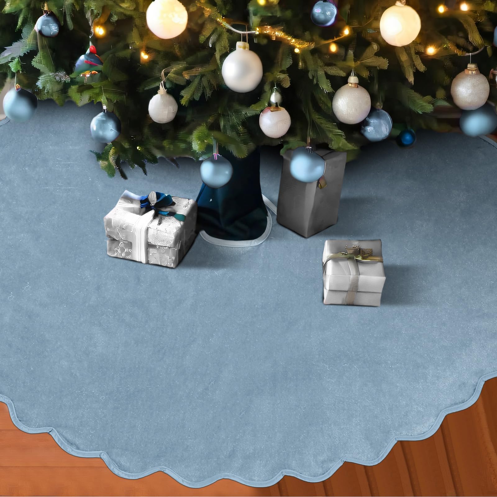 RoundFunny Gray Blue Christmas Tree Skirt 48 Inches Neutral Velvet Christmas Tree Skirts Modern Scalloped Edge Xmas Decorations