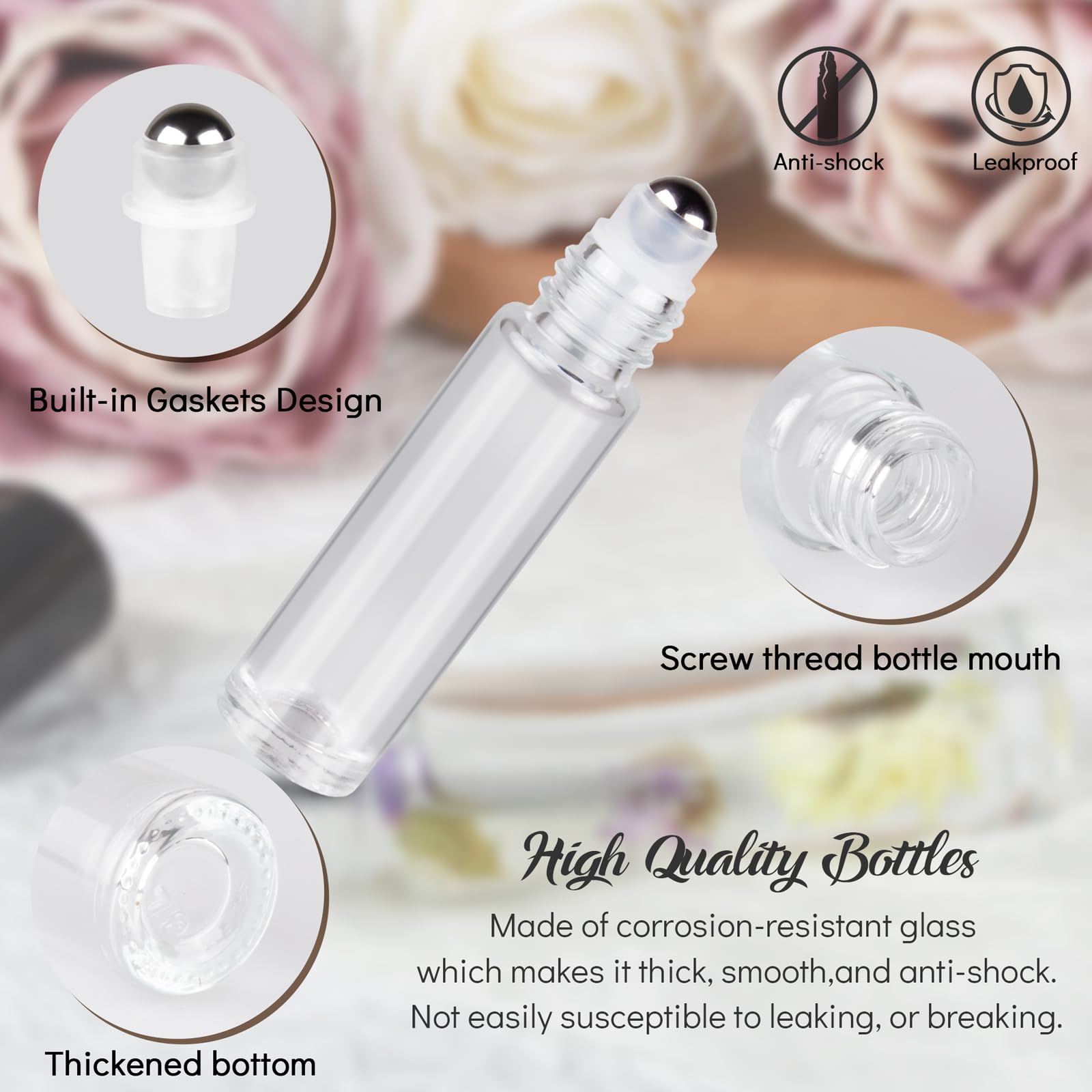 Zejia 10Ml Roller Bottles For Essential Oils, 24 Pack Clear Roll On Bottles, Thick Glass Roller Bottles For Oils, With Stainless
