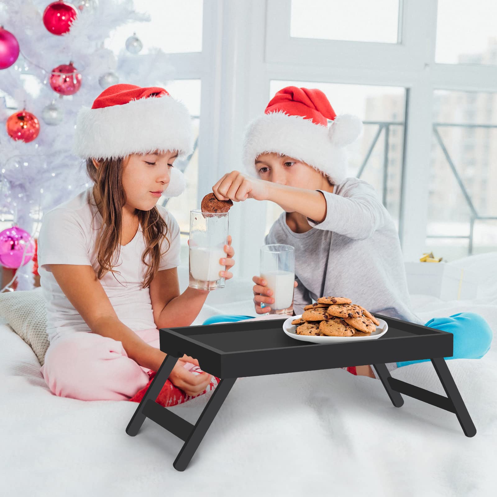 Artmeer Bed Tray Table With Folding Legs,Bamboo Breakfast In Bed For Tv Table, Laptop Computer Tray,Eating,Snack Tray(Black)