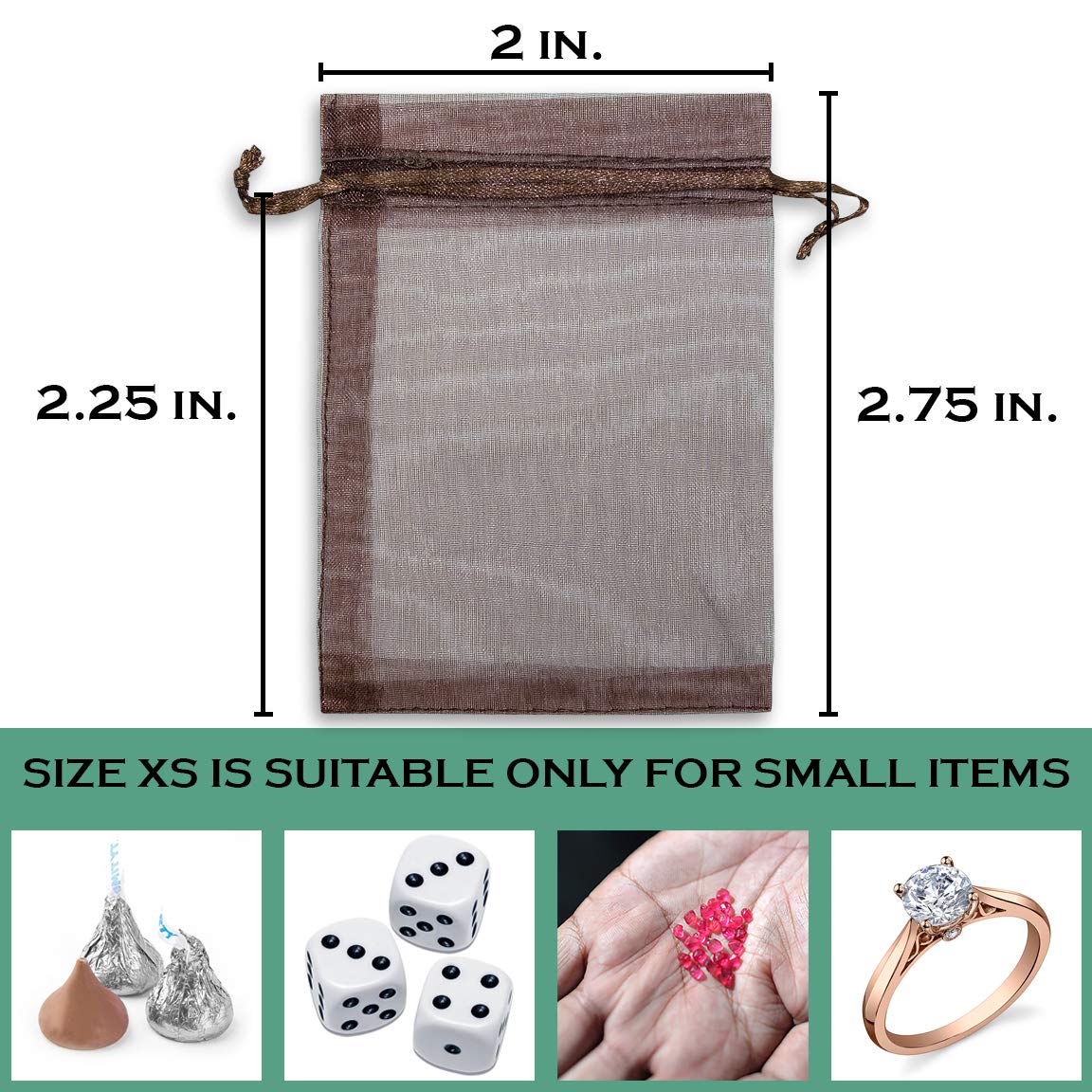 Thedisplayguys 100-Pack Xs 2 X 2 3/4'' Brown Sheer Organza Gift Bags With Drawstring, Jewelry Candy Treat Wedding Party Favors M