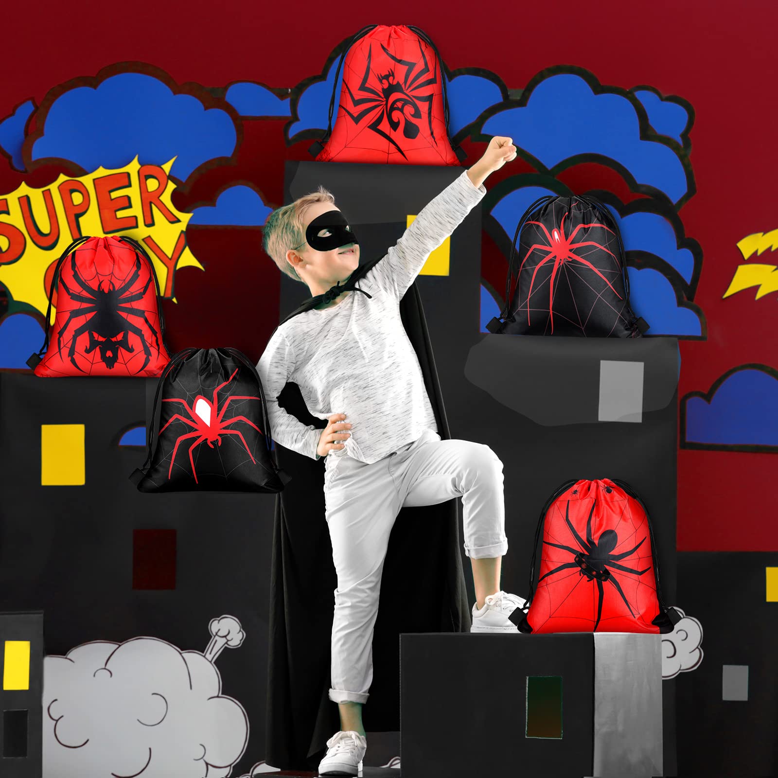 Lothee 15 Pcs Spider Web Drawstring Bags Birthday Party Decoration Spider Goodie Bag Kid Backpack For Birthday Party Supplies (N