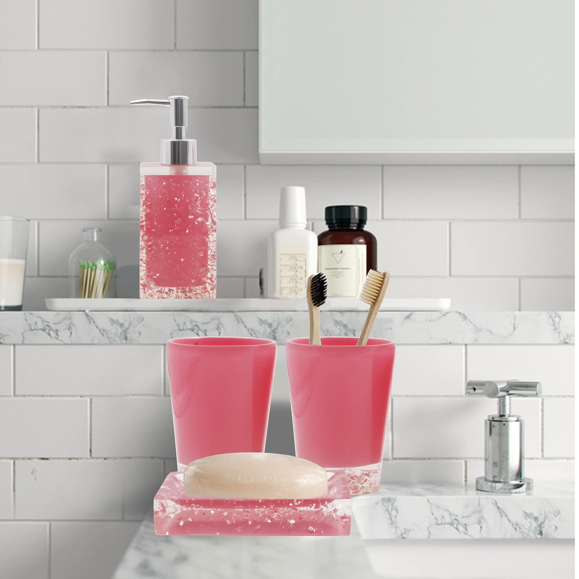 Luant Resin Soap Dish, Soap Dispenser, Toothbrush Holder & Tumbler Bathroom Accessory 5 Piece Set (Pink)
